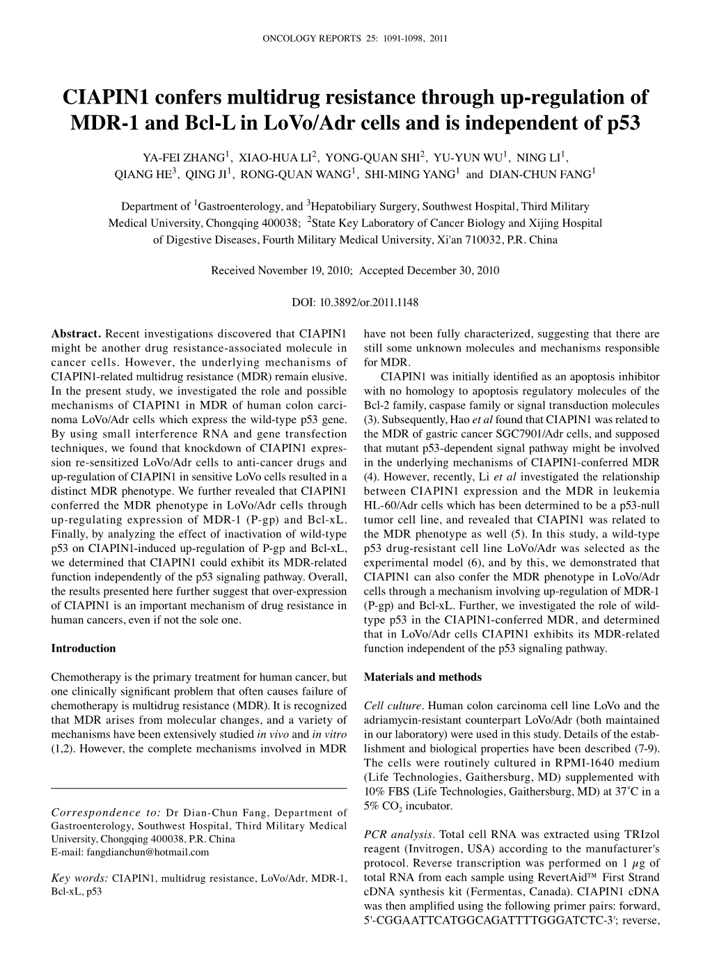 CIAPIN1 Confers Multidrug Resistance Through Up-Regulation of MDR-1 and Bcl-L in Lovo/Adr Cells and Is Independent of P53