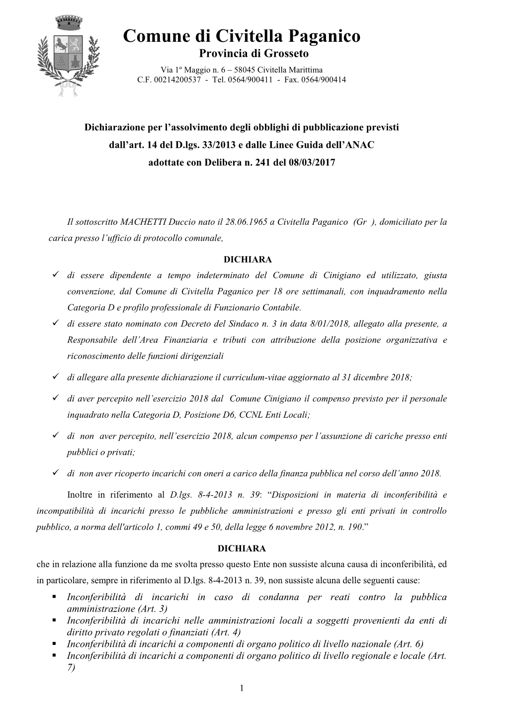 Comune Di Civitella Paganico Provincia Di Grosseto Via 1º Maggio N