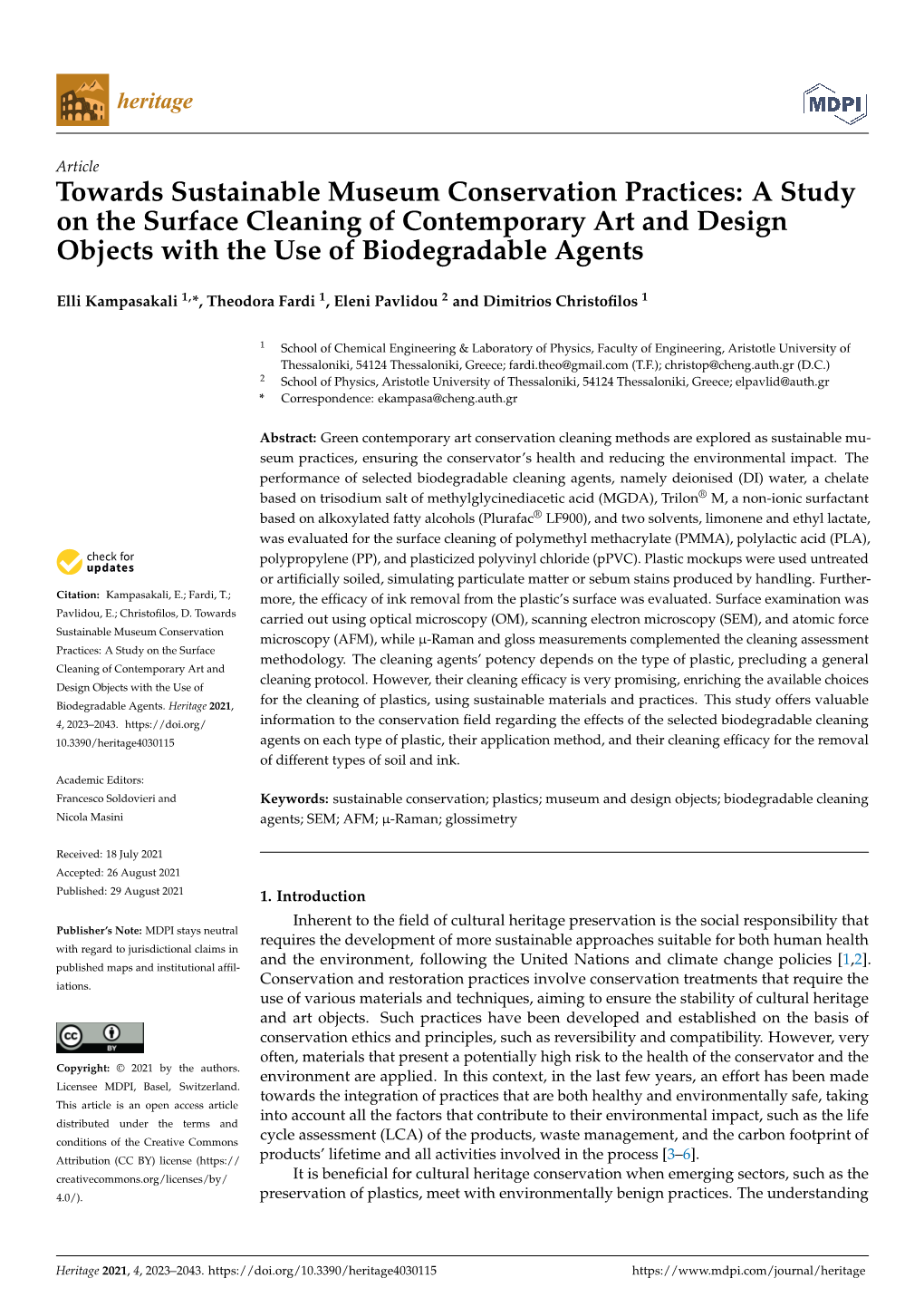 Towards Sustainable Museum Conservation Practices: a Study on the Surface Cleaning of Contemporary Art and Design Objects with the Use of Biodegradable Agents