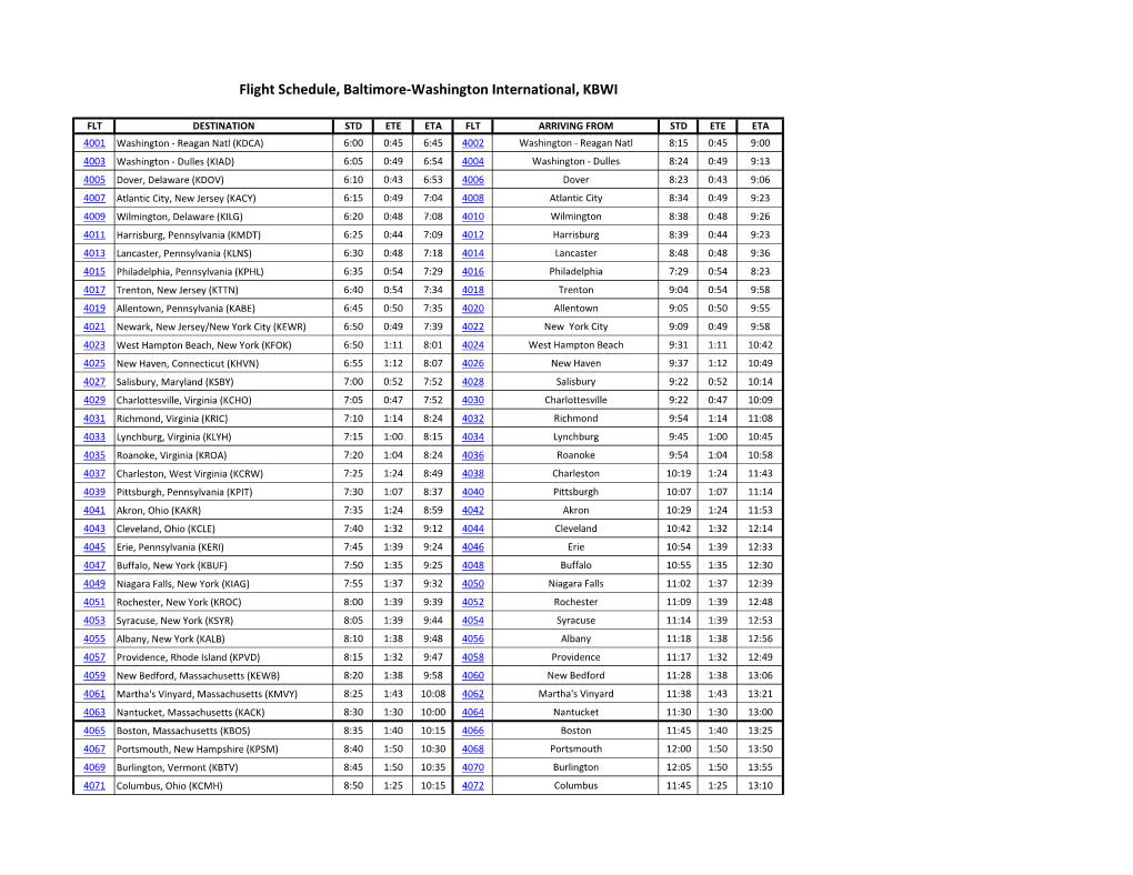 Flight Schedule, Baltimore-Washington International, KBWI