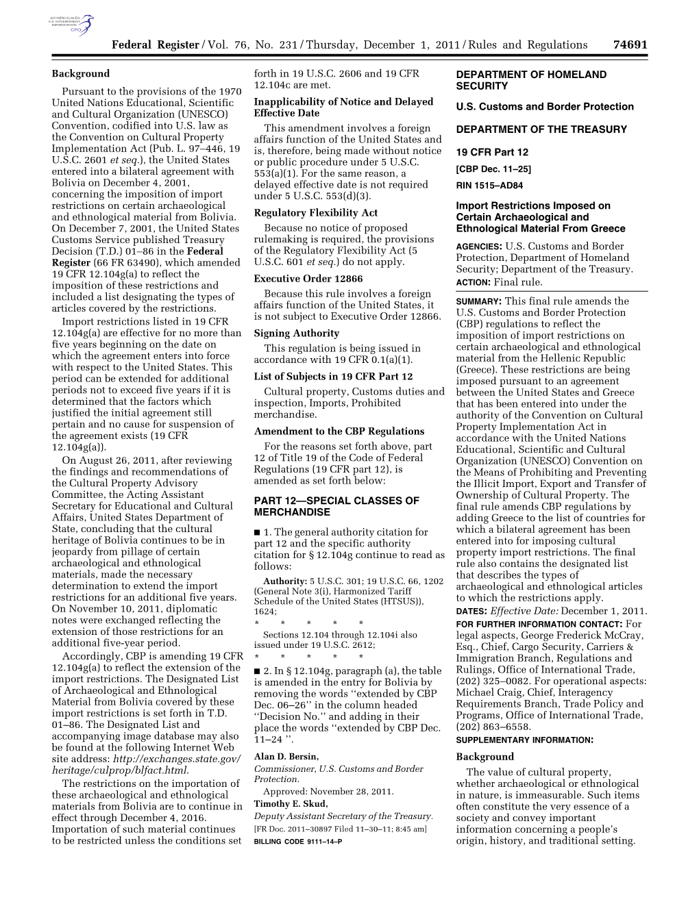 Federal Register/Vol. 76, No. 231/Thursday, December 1, 2011