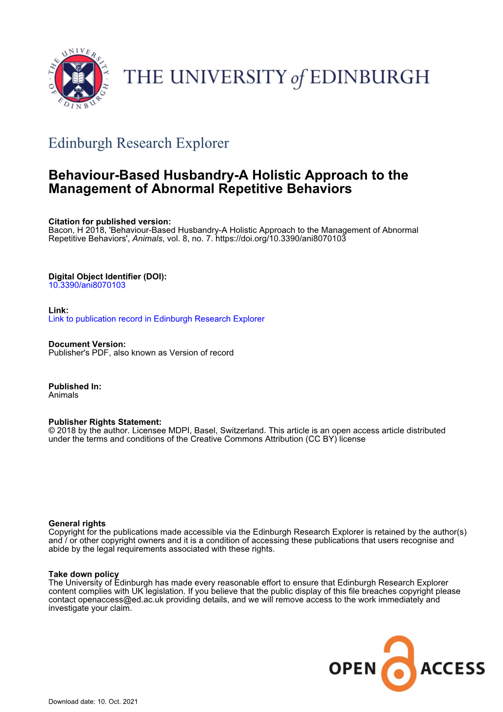 Behaviour-Based Husbandry—A Holistic Approach to the Management of Abnormal Repetitive Behaviors