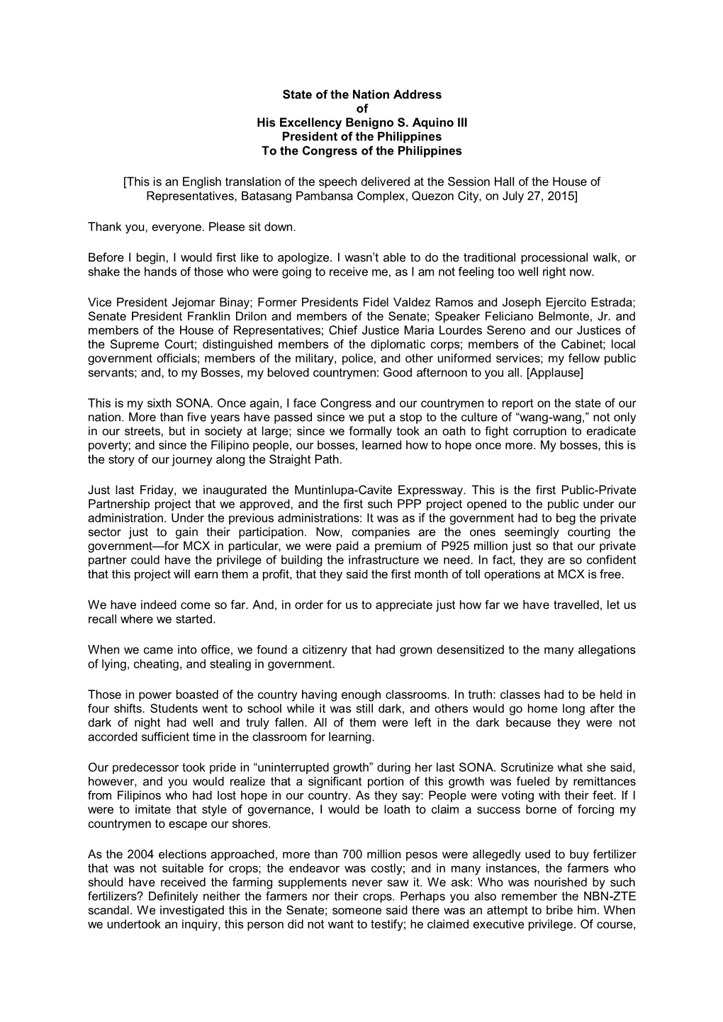 State of the Nation Address of His Excellency Benigno S. Aquino III President of the Philippines to the Congress of the Philippines