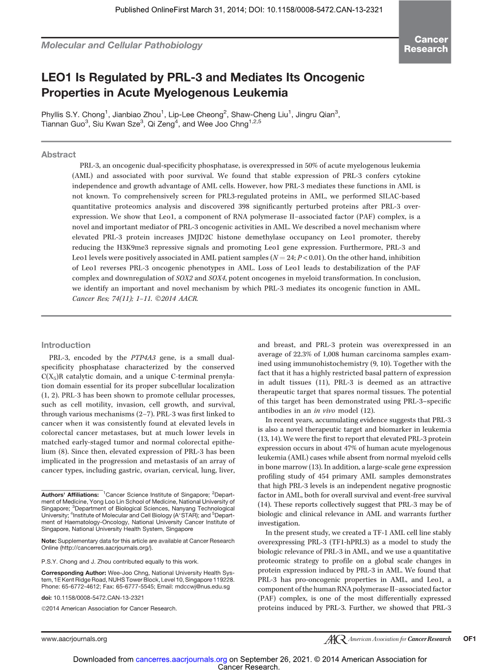 LEO1 Is Regulated by PRL-3 and Mediates Its Oncogenic Properties in Acute Myelogenous Leukemia