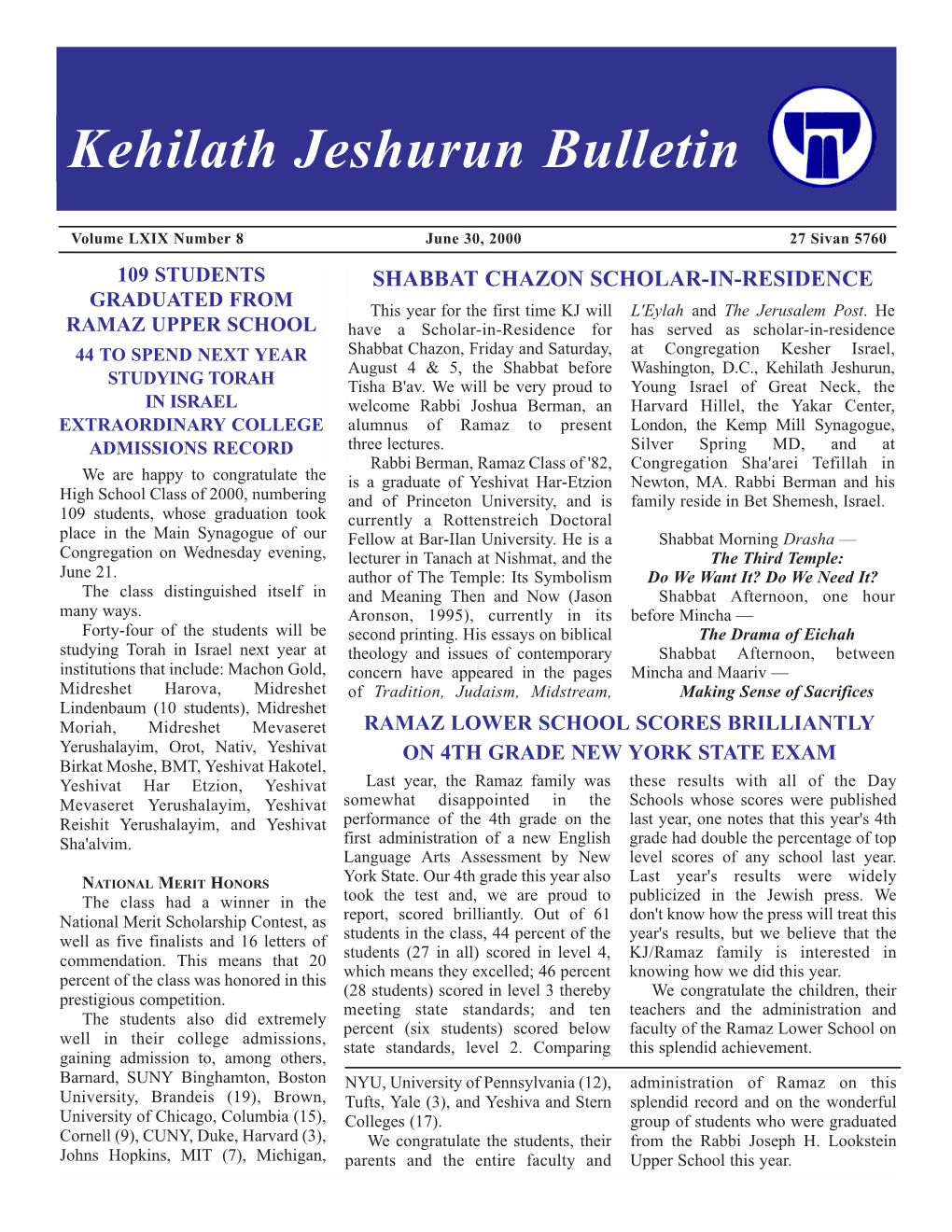 Kehilath Jeshurun Bulletin