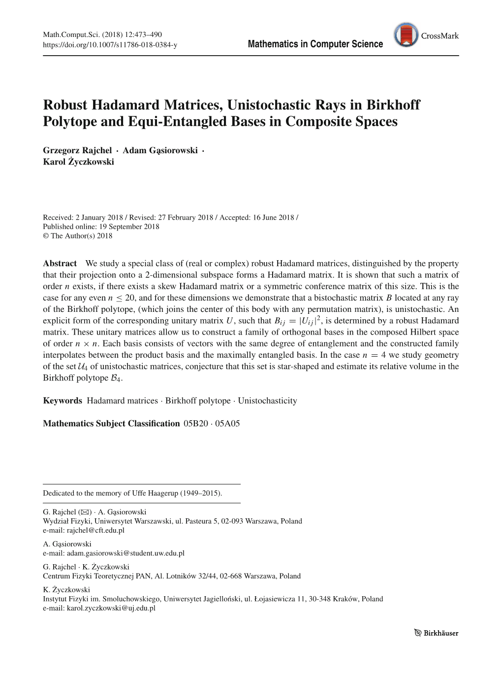 Robust Hadamard Matrices, Unistochastic Rays in Birkhoff Polytope and Equi-Entangled Bases in Composite Spaces