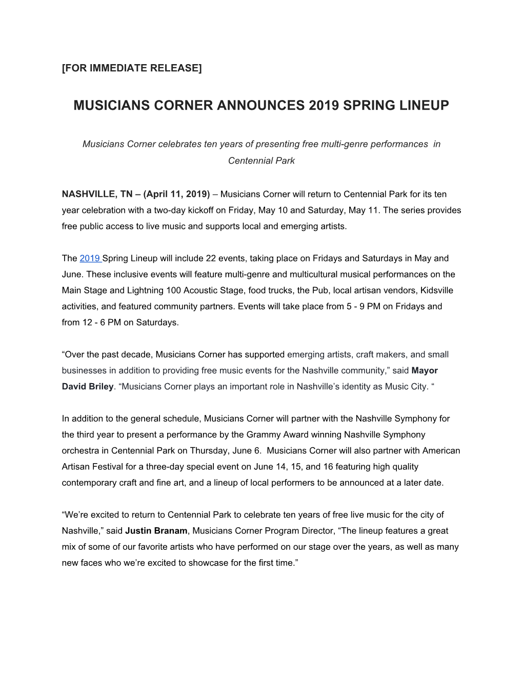 Musicians Corner Announces 2019 Spring Lineup