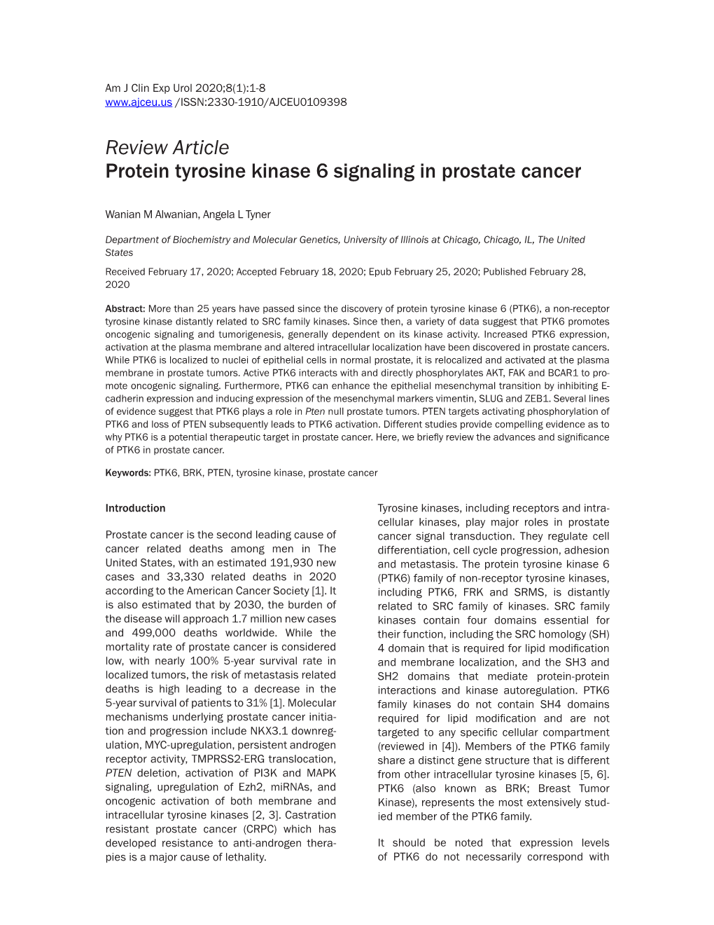 Review Article Protein Tyrosine Kinase 6 Signaling in Prostate Cancer