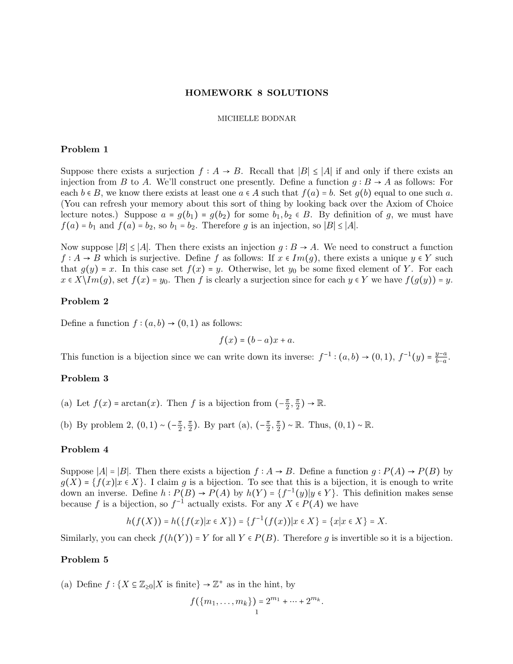 HOMEWORK 8 SOLUTIONS Problem 1 Suppose There Exists a Surjection