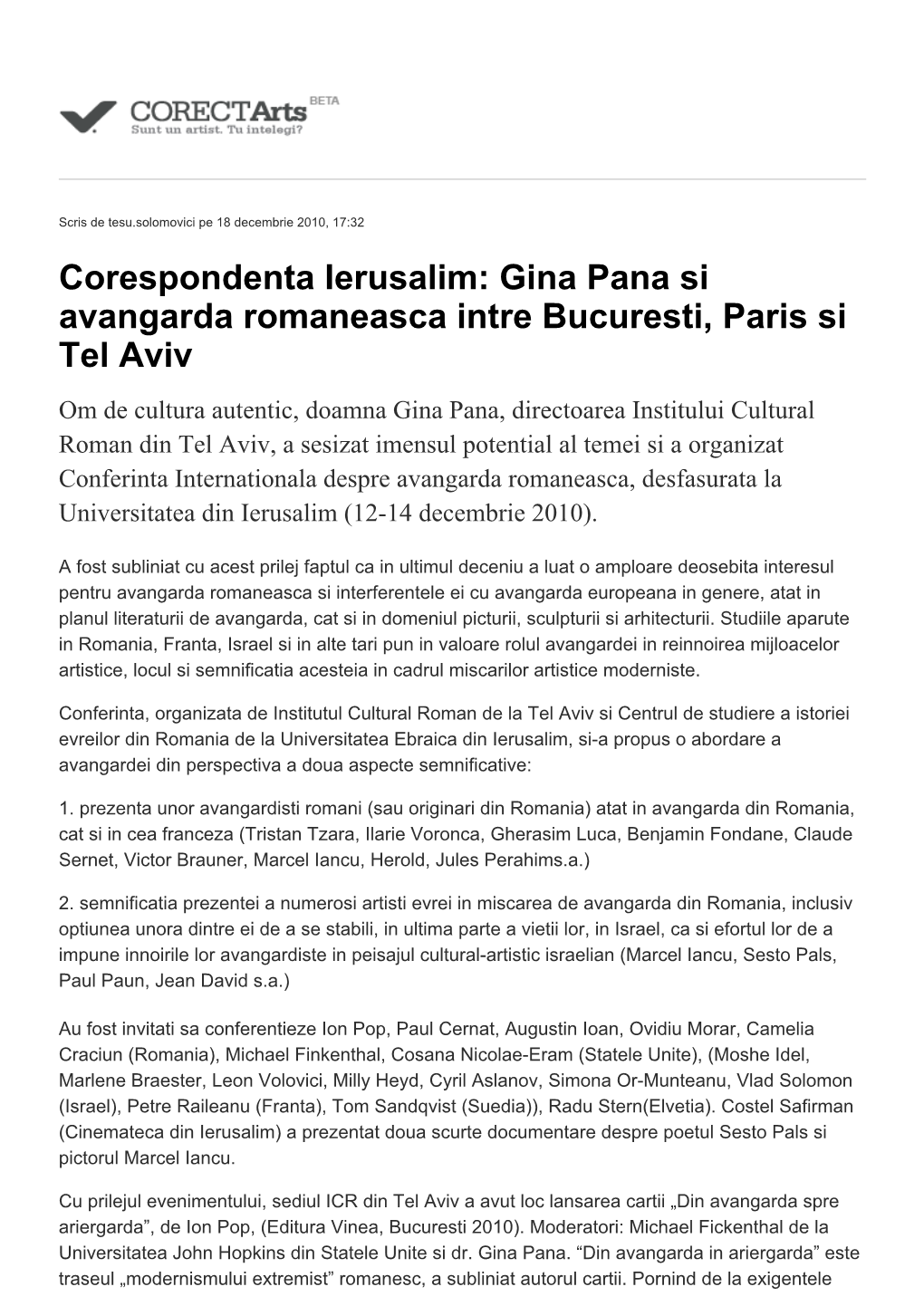 Corespondenta Ierusalim: Gina Pana Si Avangarda