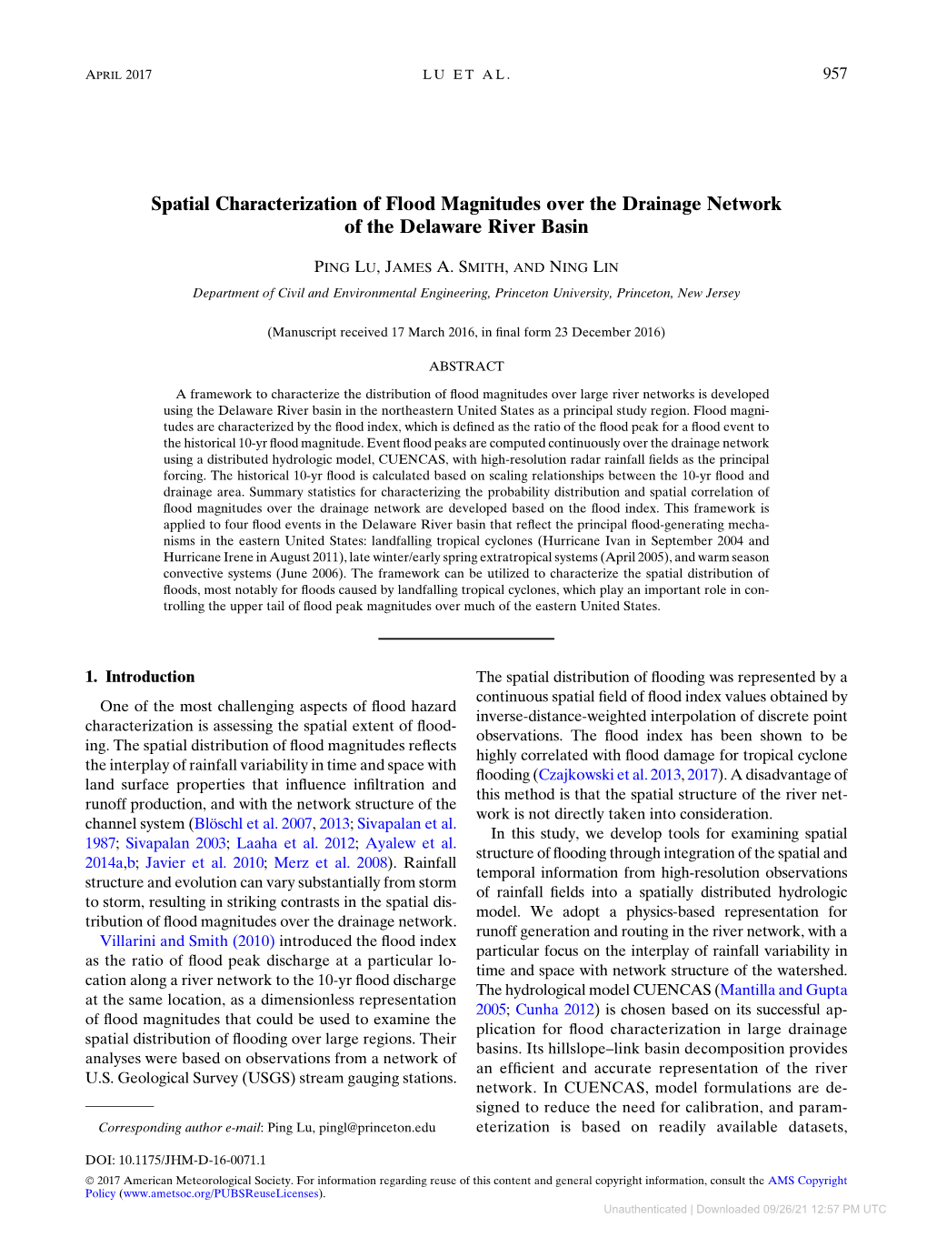 Spatial Characterization of Flood Magnitudes Over the Drainage Network of the Delaware River Basin