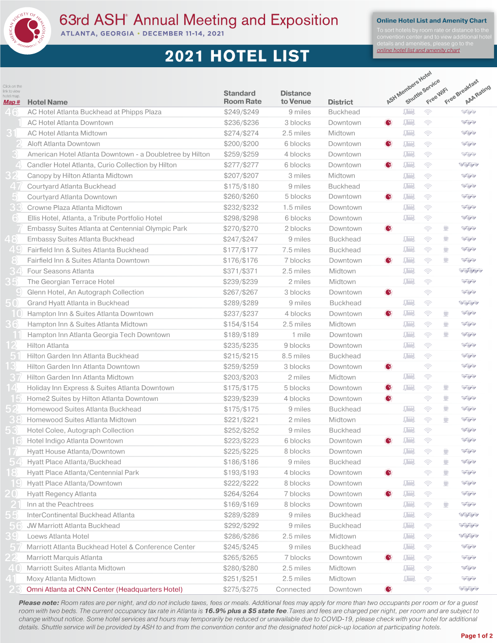 ASH 2021 Hotel List