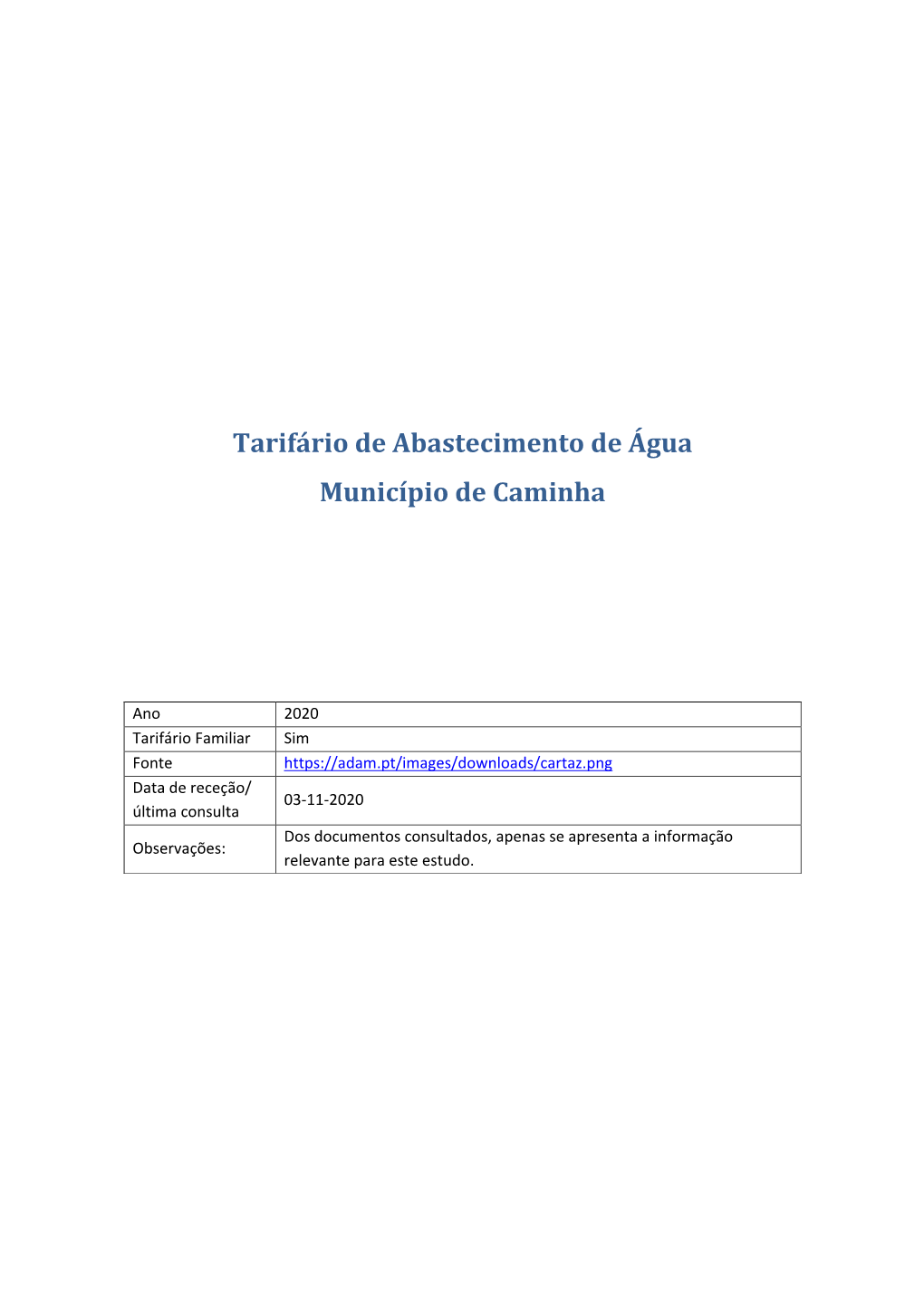 Tarifário De Abastecimento De Água Município De Caminha