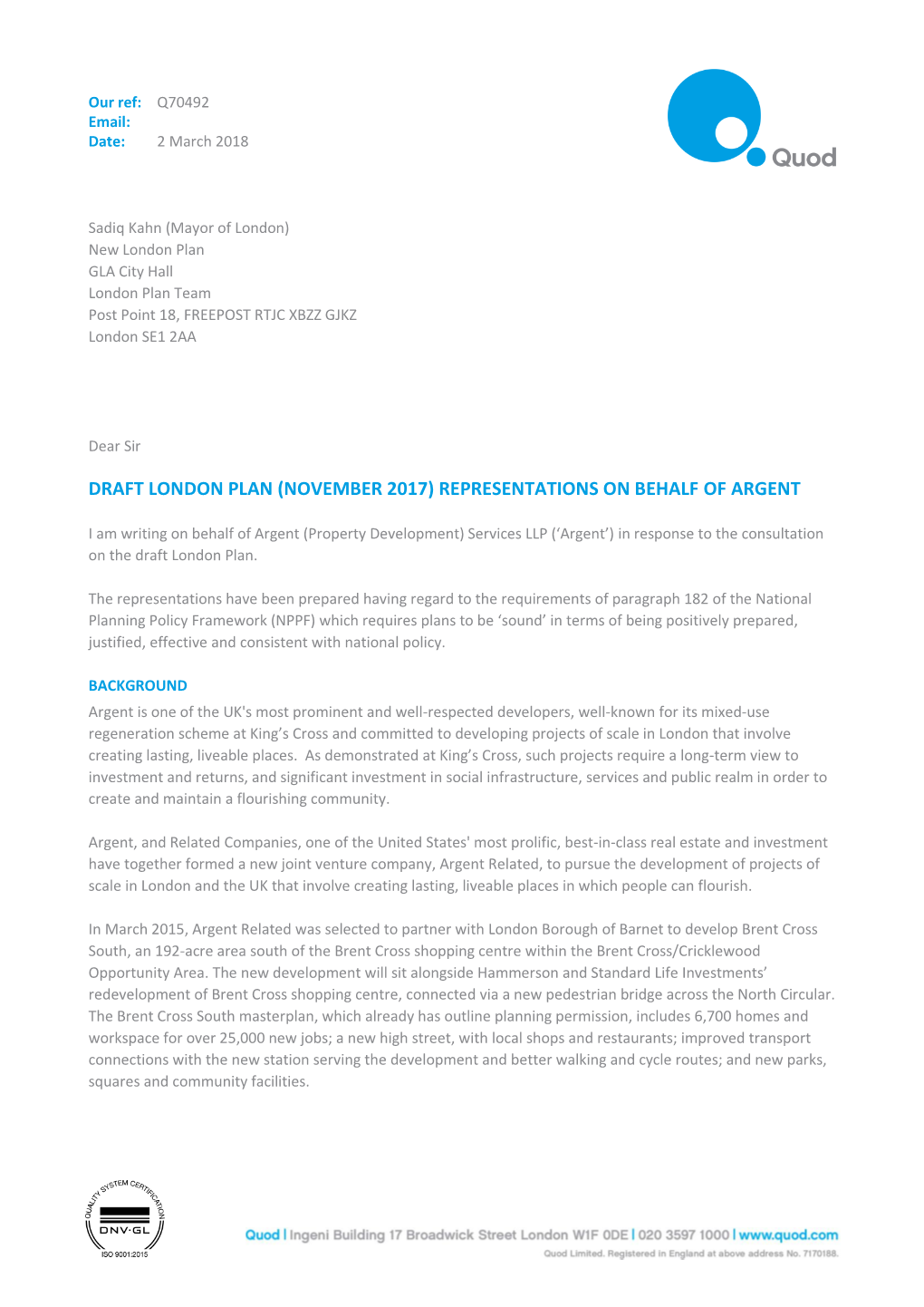 Argent (Property Development) Services LLP (‘Argent’) in Response to the Consultation on the Draft London Plan