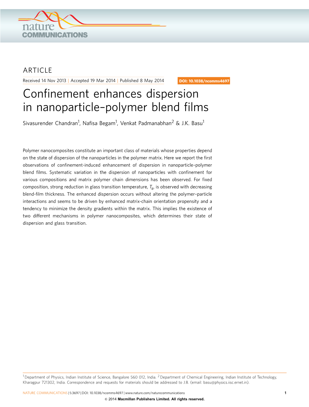 Confinement Enhances Dispersion in Nanoparticle–Polymer Blend Films