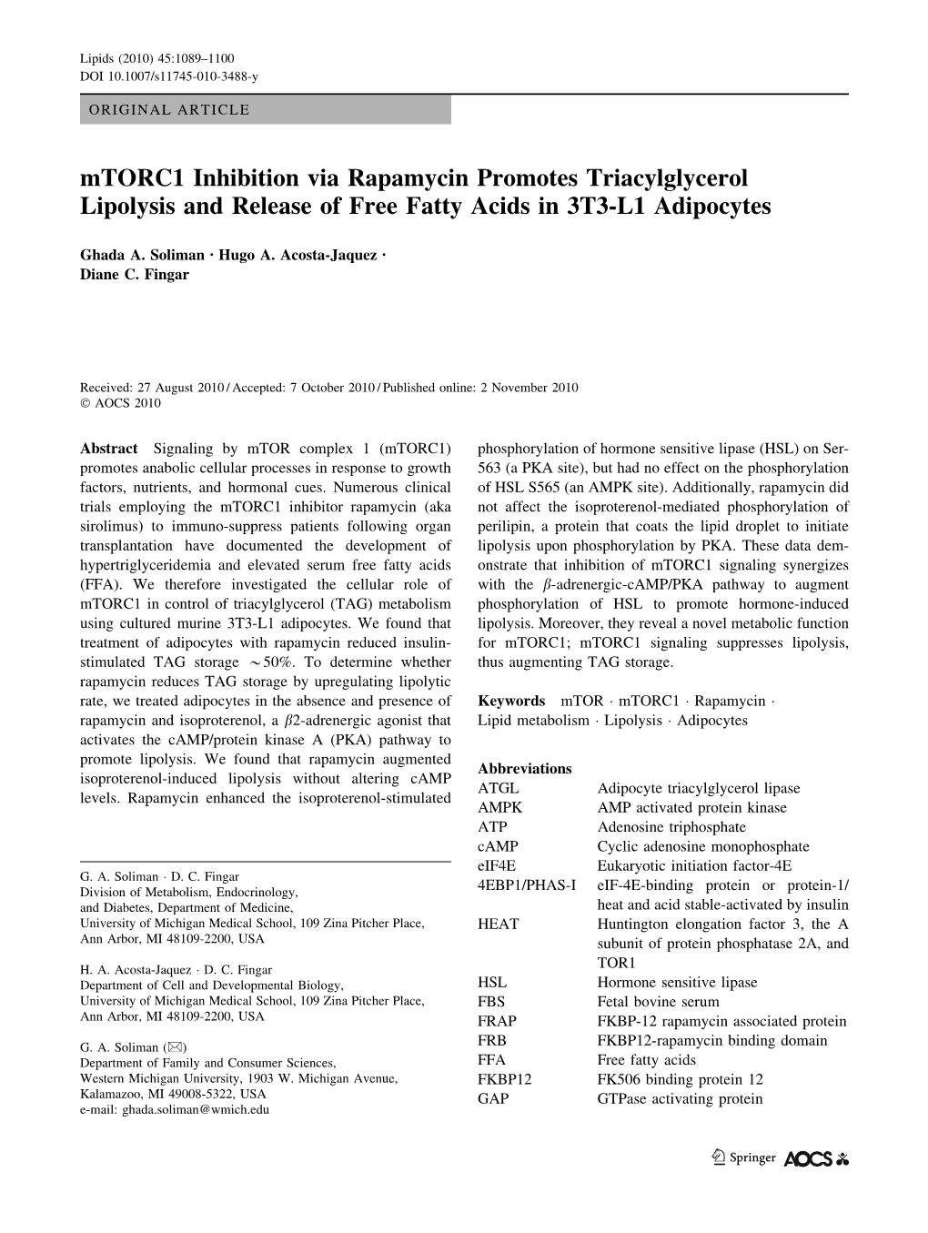 Mtorc1 Inhibition Via Rapamycin Promotes Triacylglycerol Lipolysis and Release of Free Fatty Acids in 3T3-L1 Adipocytes