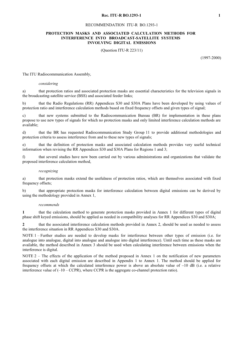 BO.1293-1 - Protection Masks and Associated Calculation Methods for Interference Into