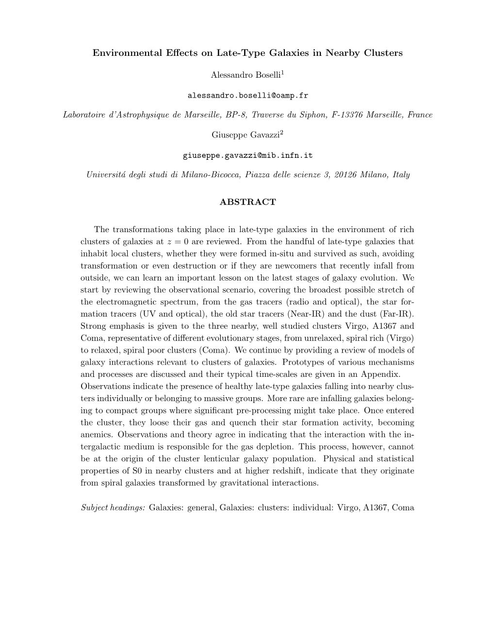 Environmental Effects on Late-Type Galaxies in Nearby Clusters