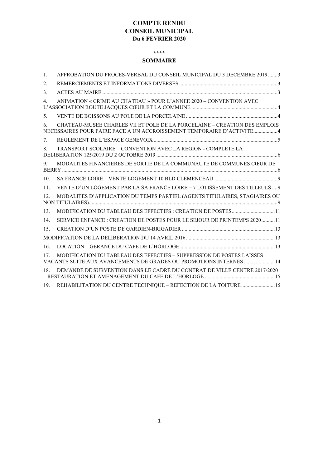 COMPTE RENDU CONSEIL MUNICIPAL Du 6 FEVRIER 2020