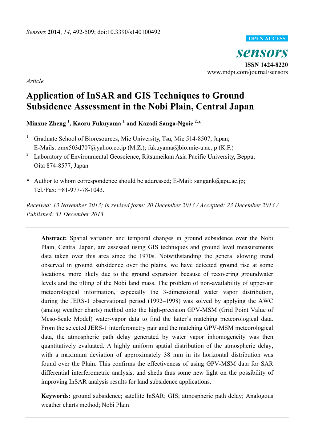 Application of Insar and GIS Techniques to Ground Subsidence Assessment in the Nobi Plain, Central Japan