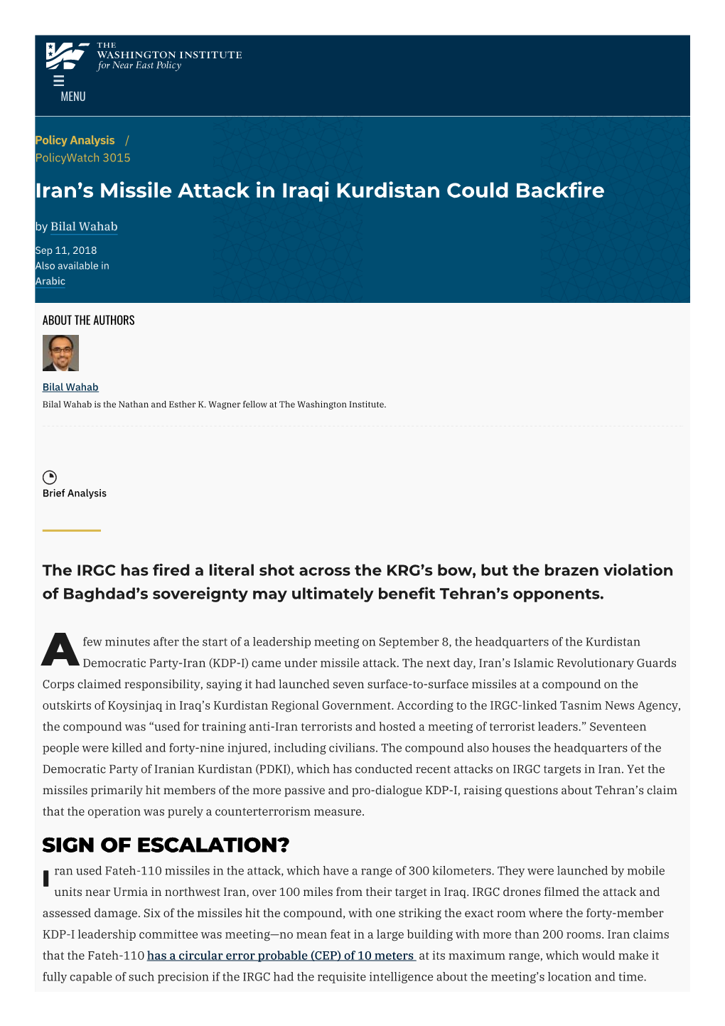 Iran's Missile Attack in Iraqi Kurdistan Could Backfire | the Washington Institute