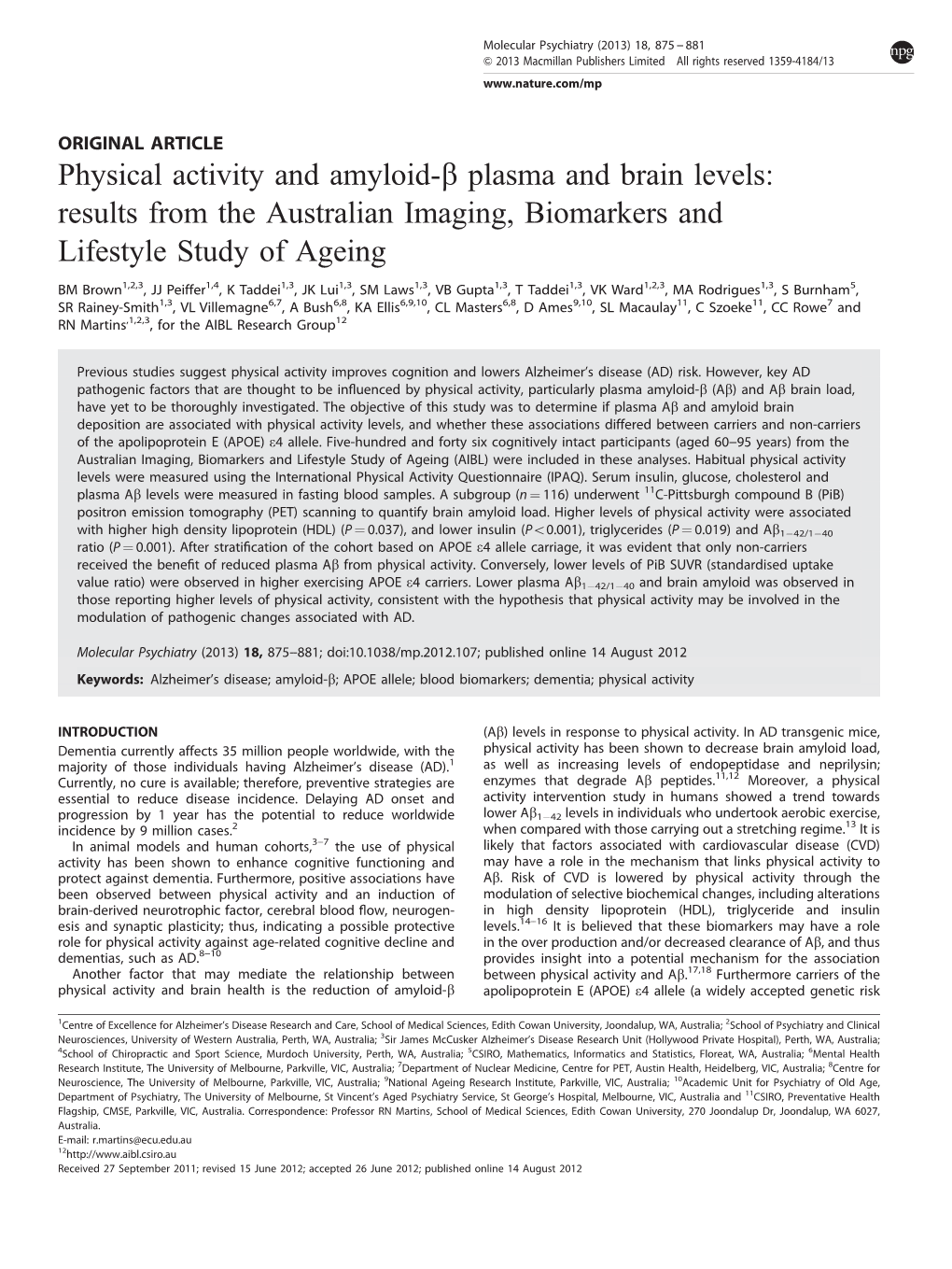 Physical Activity and Amyloid-&Beta