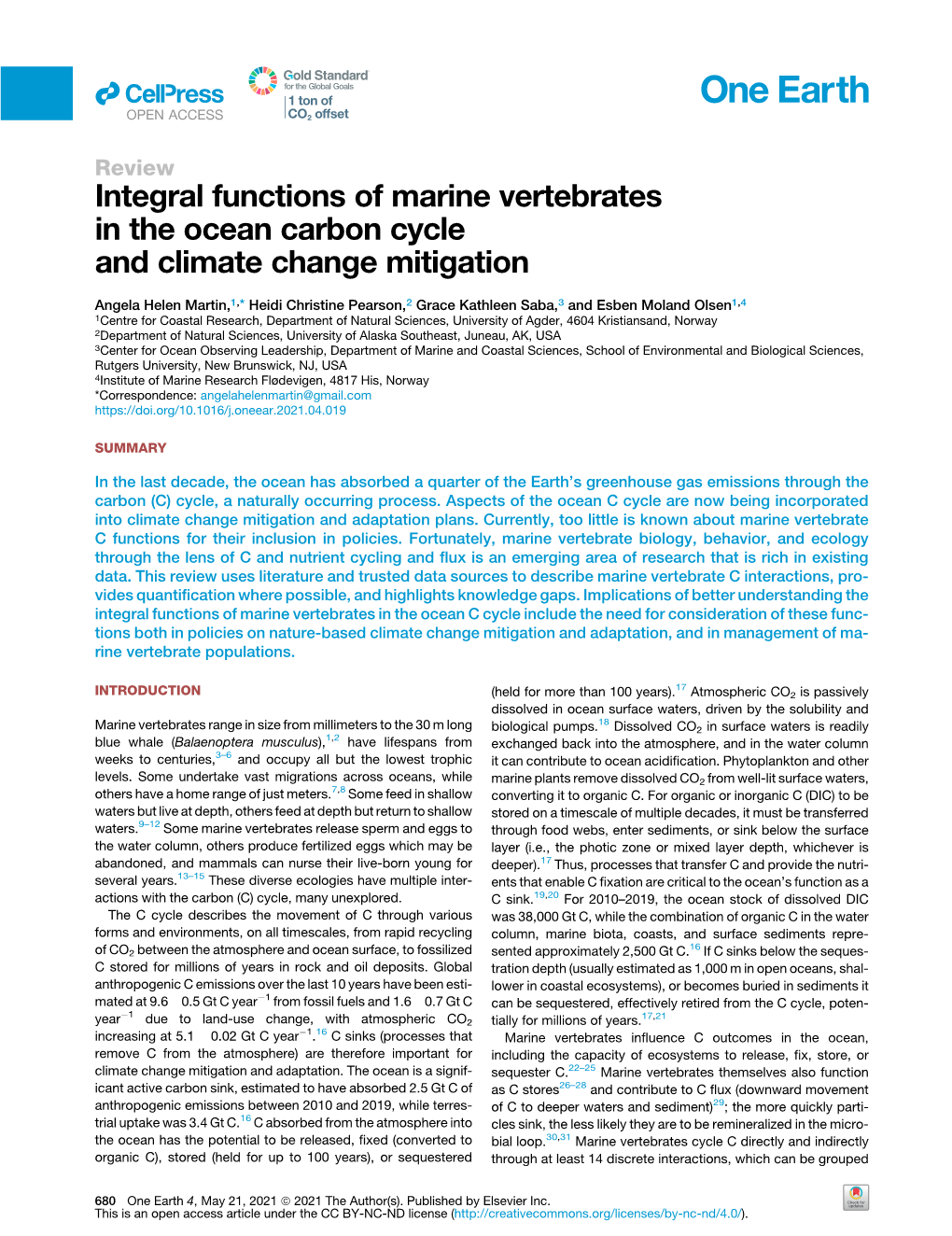 Integral Functions of Marine Vertebrates in the Ocean Carbon Cycle and Climate Change Mitigation