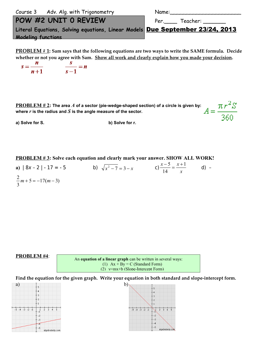 POW #1 Literal Equations