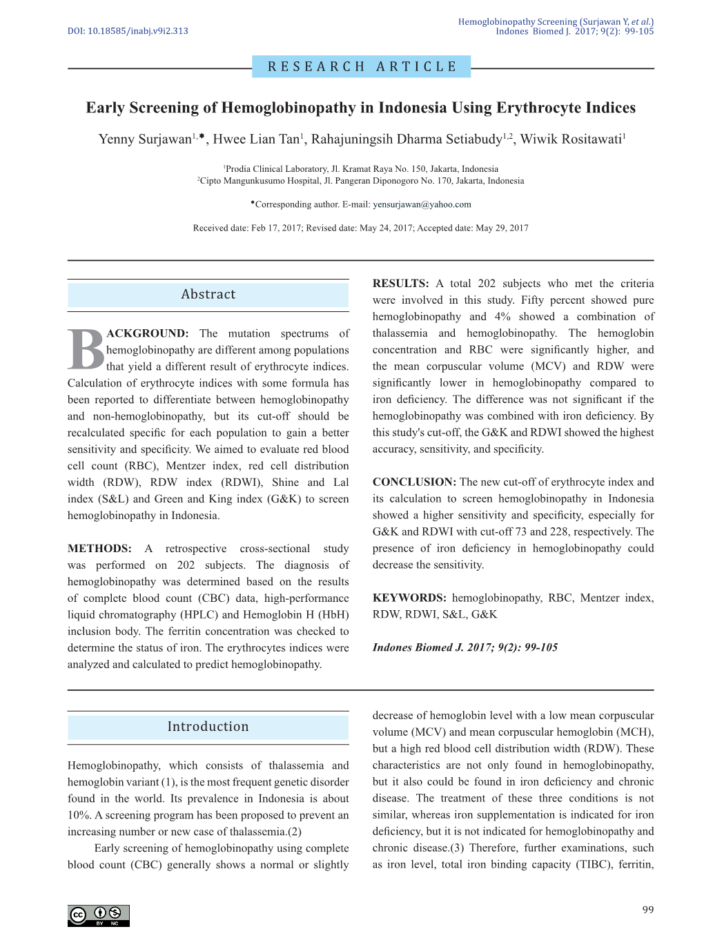 Early Screening of Hemoglobinopathy in Indonesia Using Erythrocyte Indices