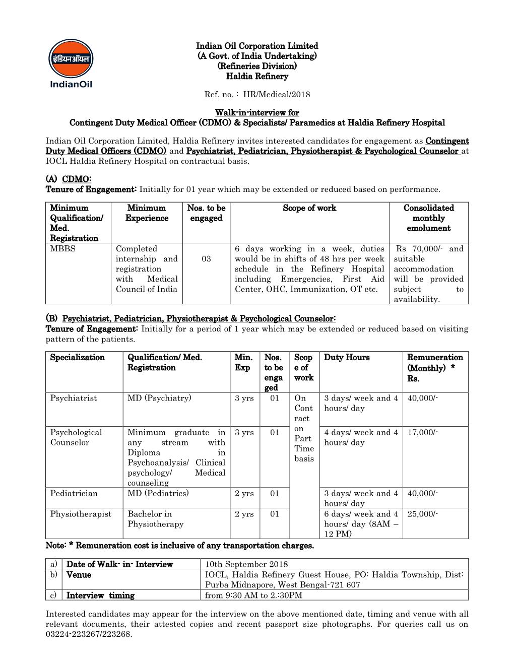 Haldia Refinery Ref. No. : HR/Medical/2018