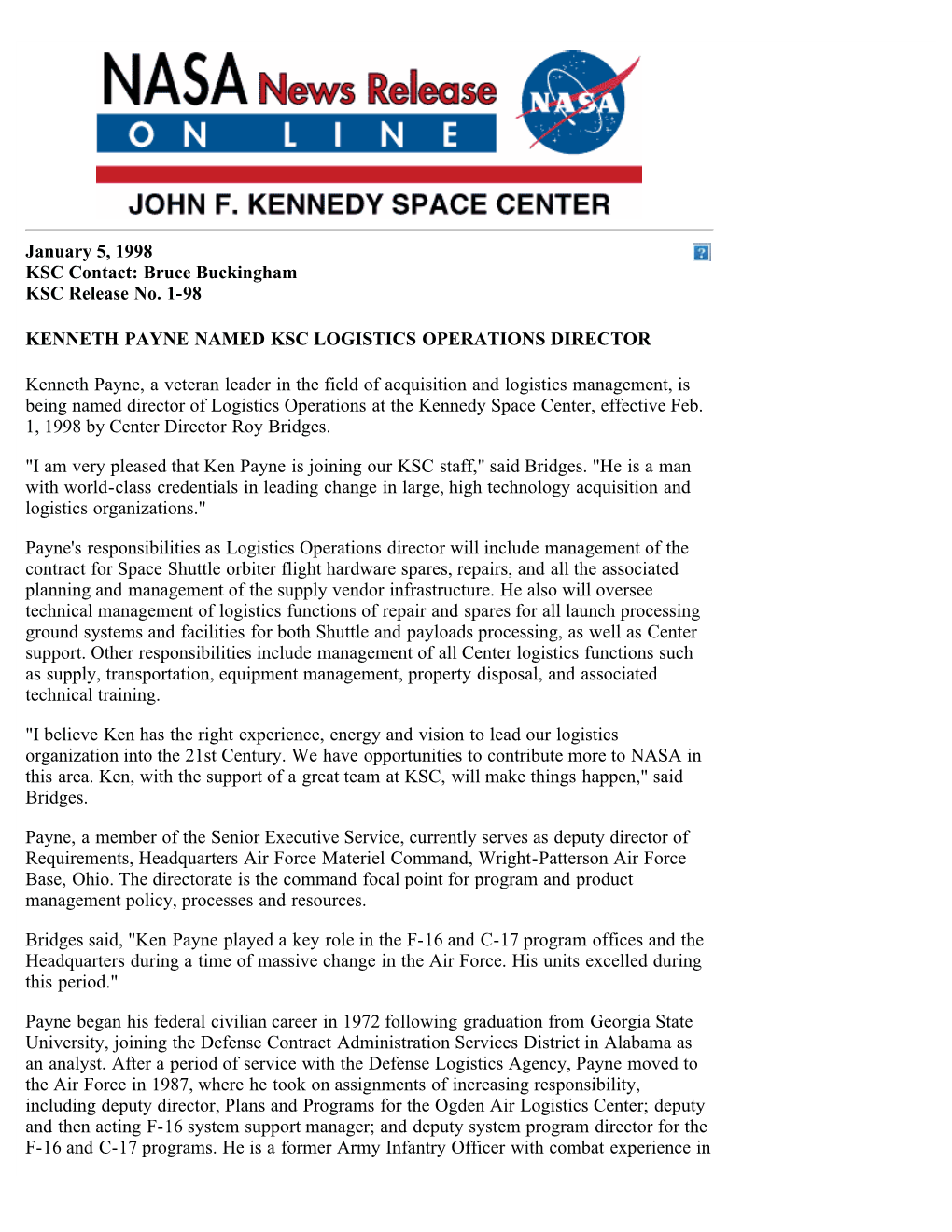 January 5, 1998 KSC Contact: Bruce Buckingham KSC Release No