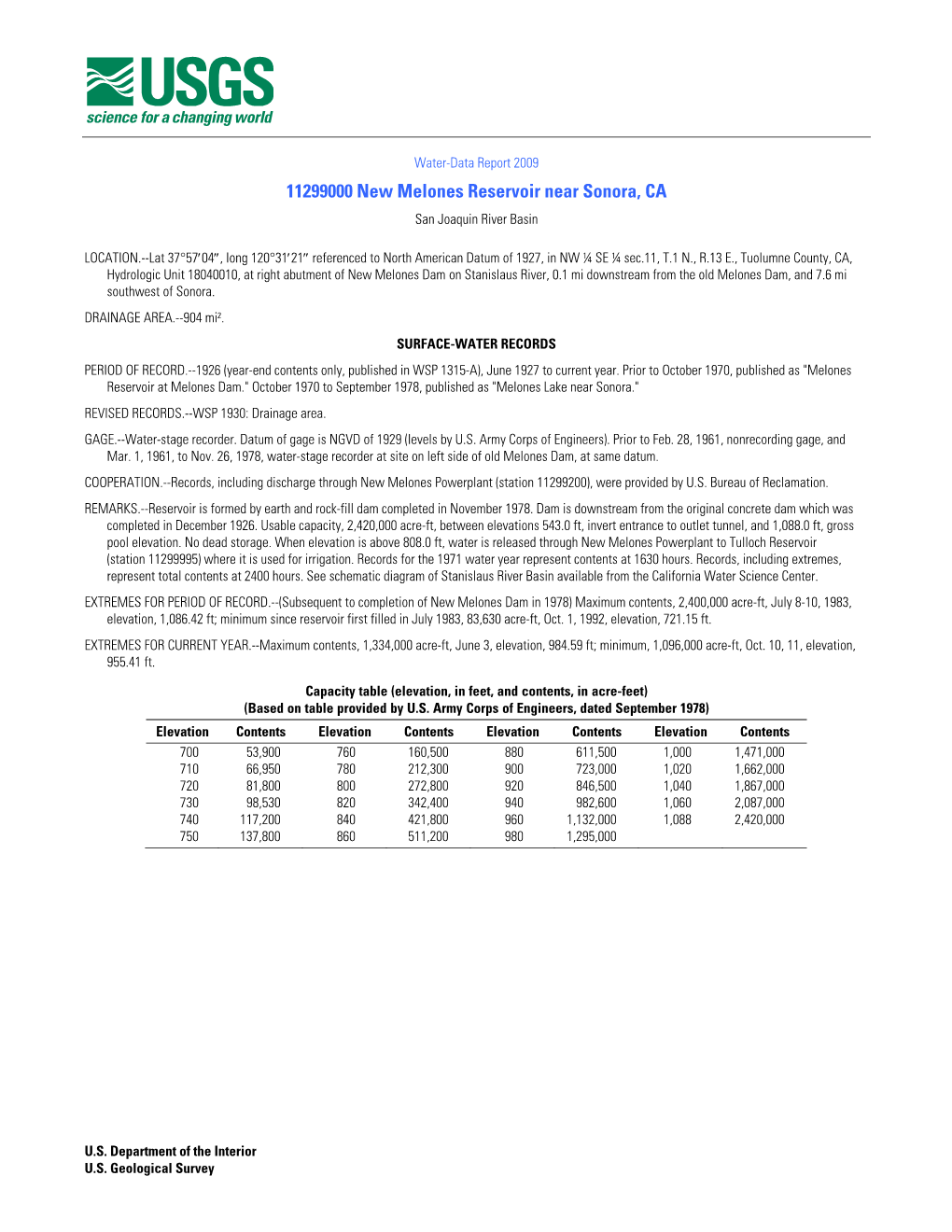 11299000 New Melones Reservoir Near Sonora, CA San Joaquin River Basin