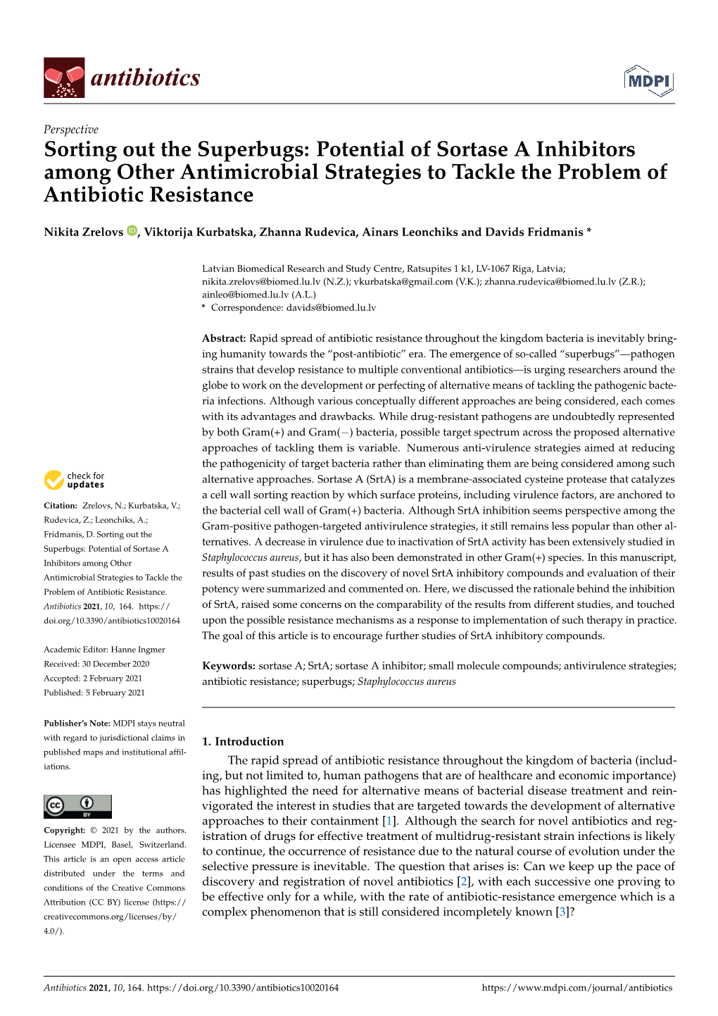 Potential of Sortase a Inhibitors Among Other Antimicrobial Strategies to Tackle the Problem of Antibiotic Resistance