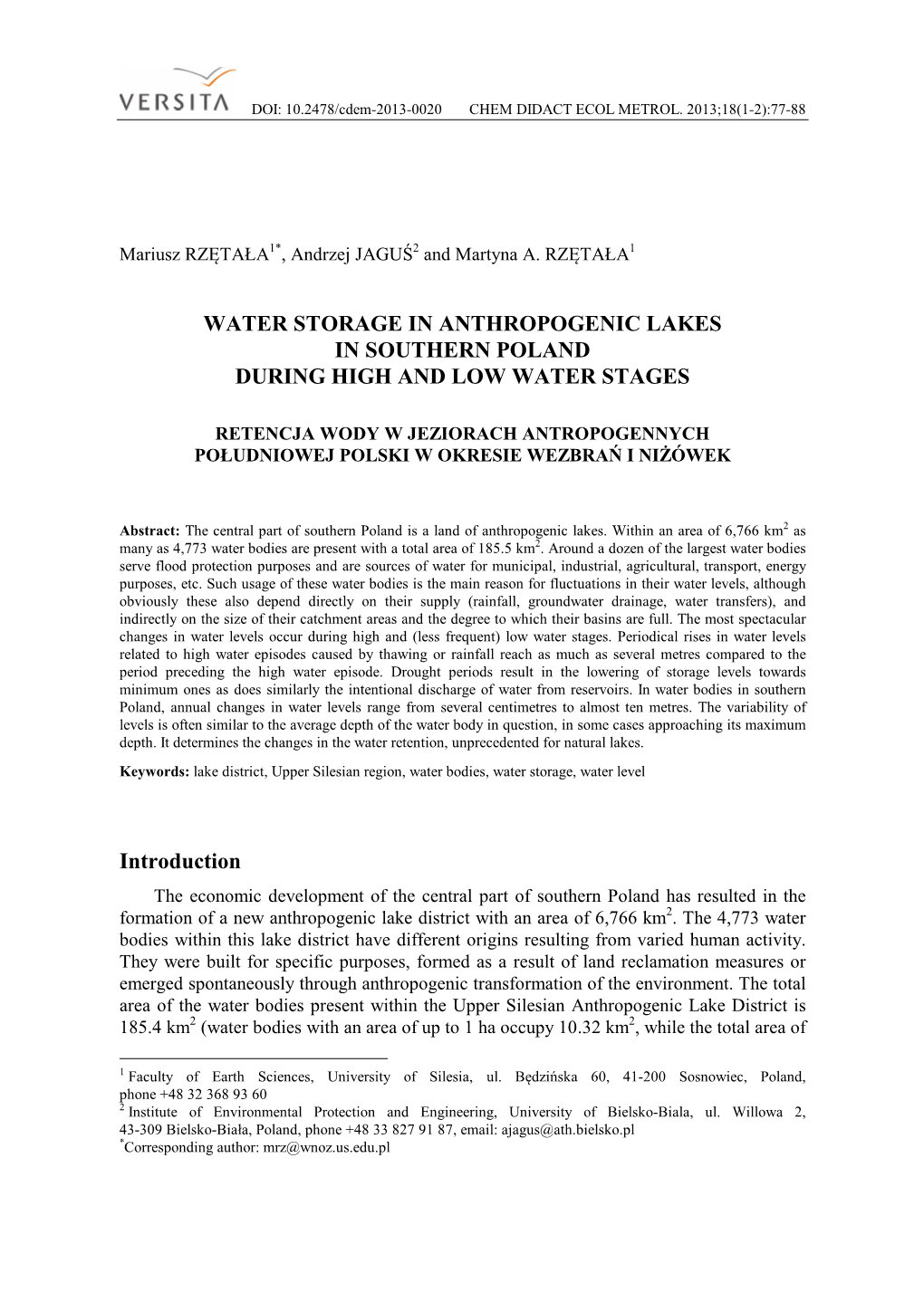 Water Storage in Anthropogenic Lakes in Southern Poland During High and Low Water Stages