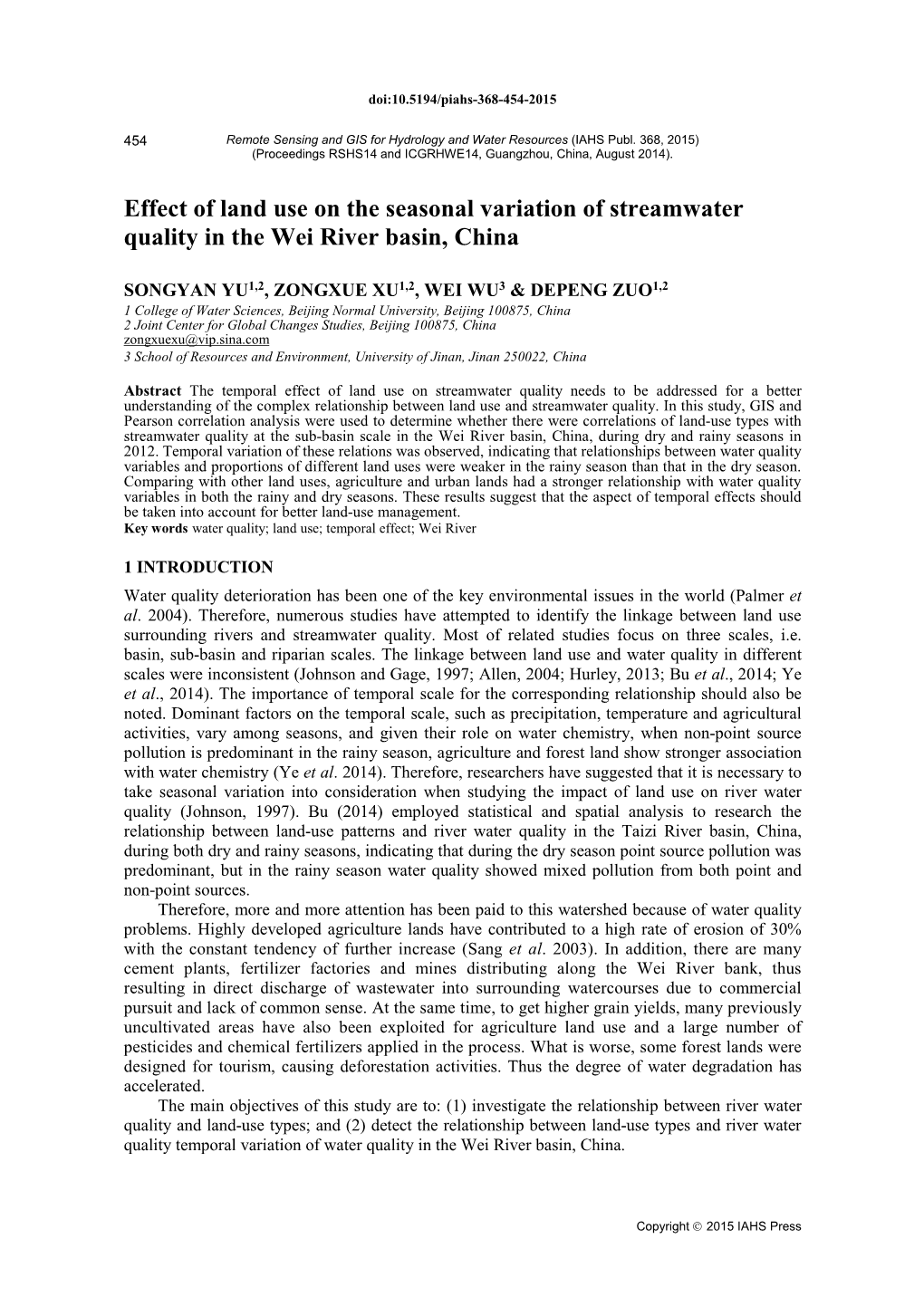 Effect of Land Use on the Seasonal Variation of Streamwater Quality in the Wei River Basin, China