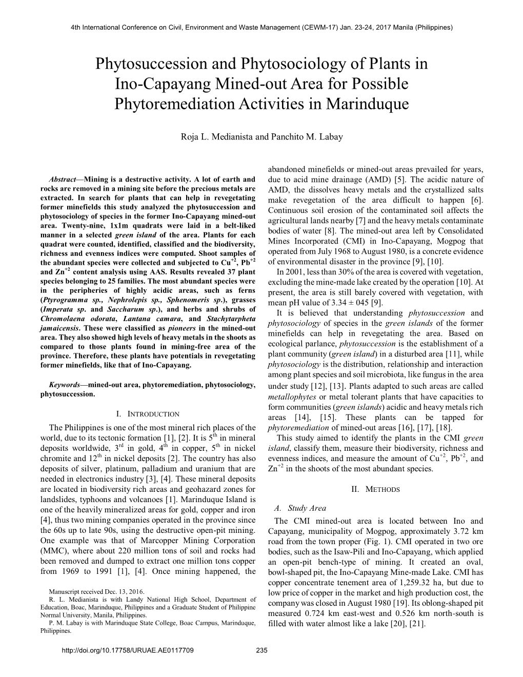 Phytosuccession and Phytosociology of Plants in Ino-Capayang Mined-Out Area for Possible Phytoremediation Activities in Marinduque