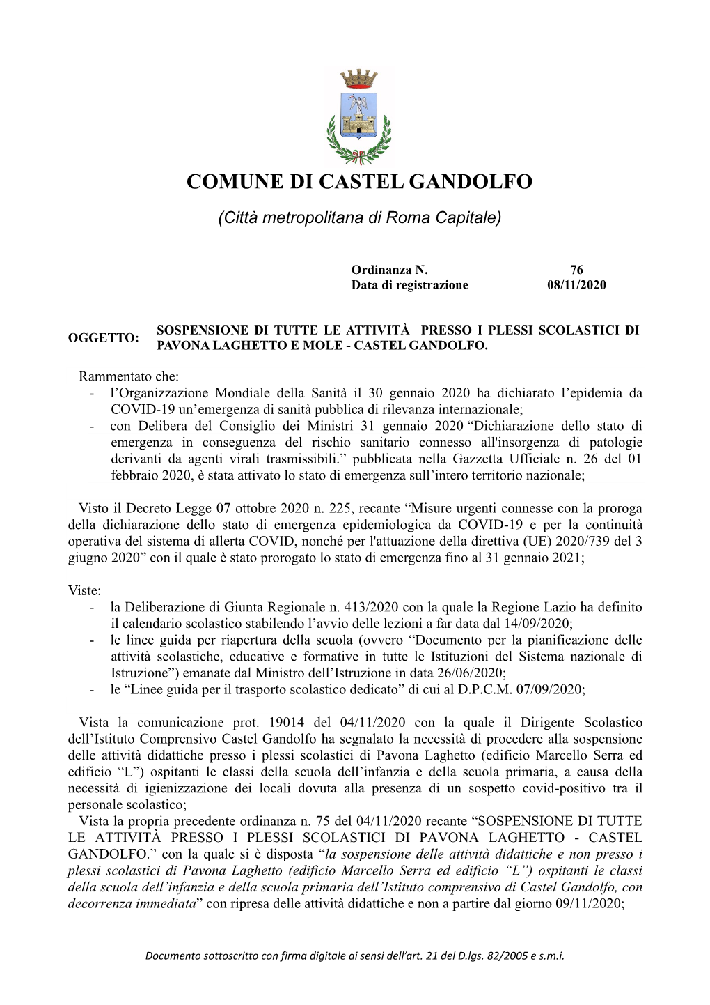 COMUNE DI CASTEL GANDOLFO (Città Metropolitana Di Roma Capitale)