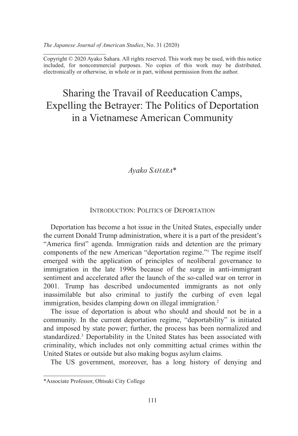 Sharing the Travail of Reeducation Camps, Expelling the Betrayer: the Politics of Deportation in a Vietnamese American Community