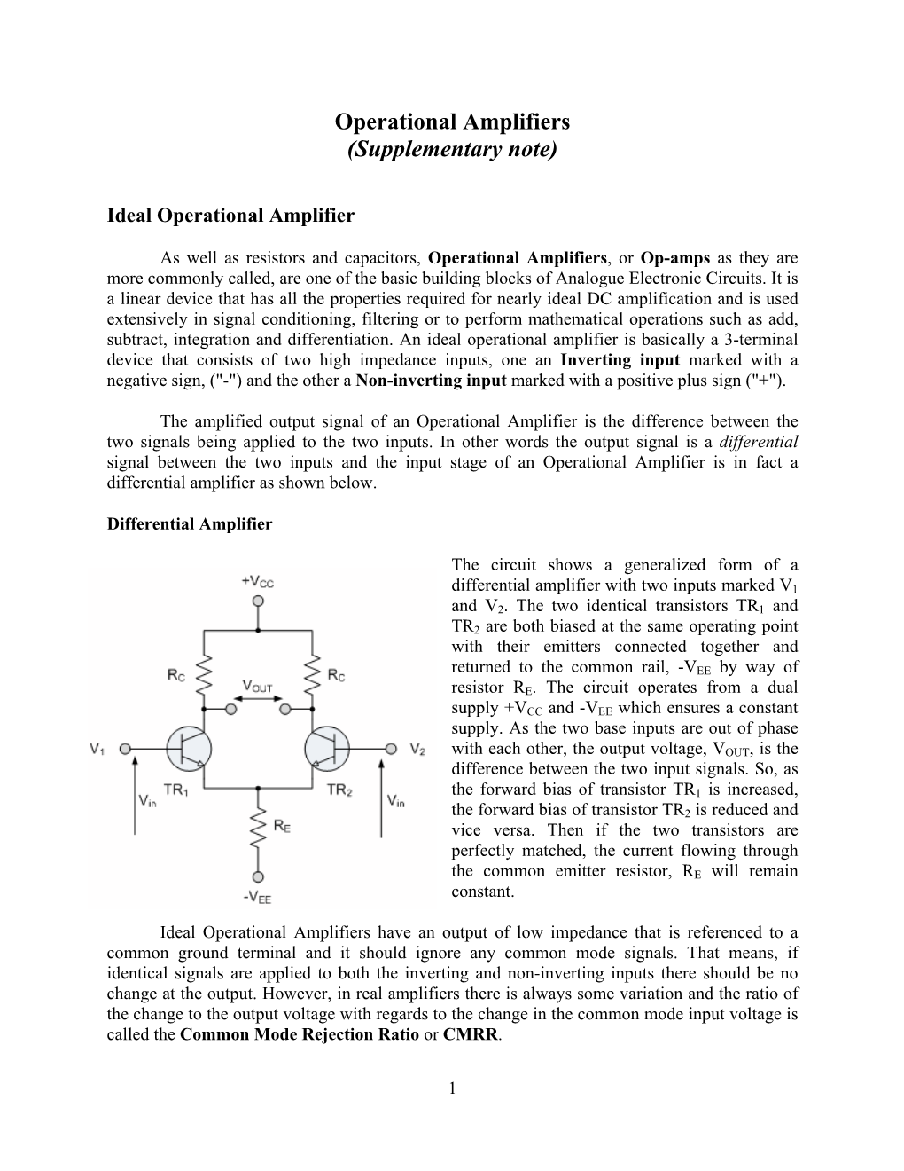 Operational Amplifiers (Supplementary Note)