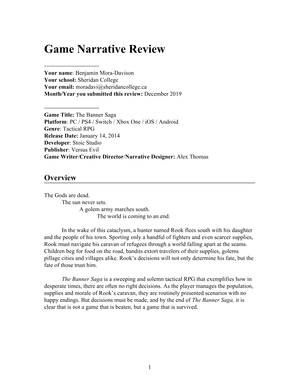 Game Narrative Review