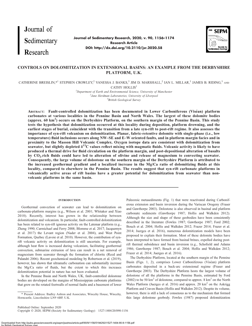 Controls on Dolomitization in Extensional Basins: an Example from the Derbyshire Platform, U.K