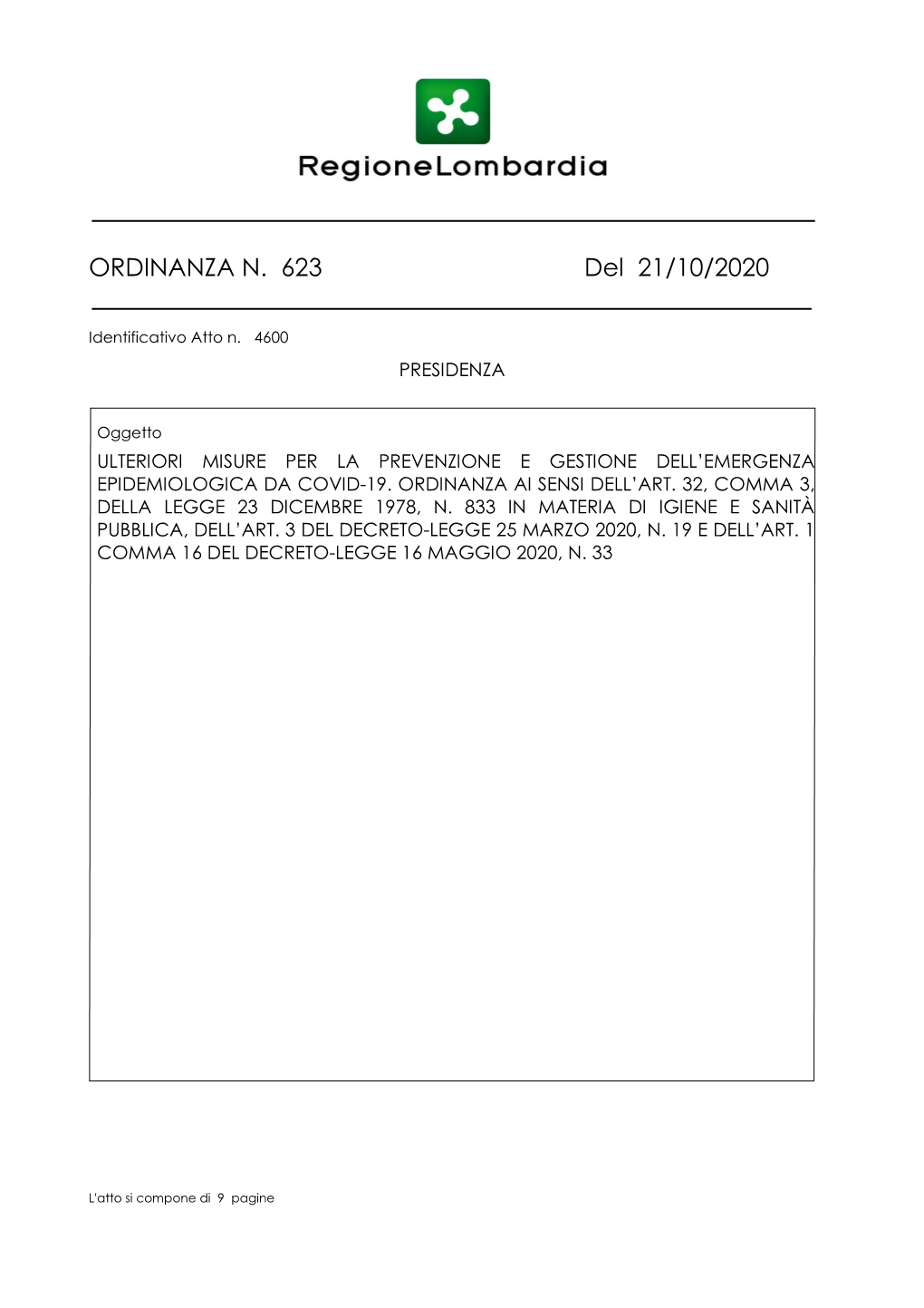 Ordinanza N.623, 21 Ottobre 2020