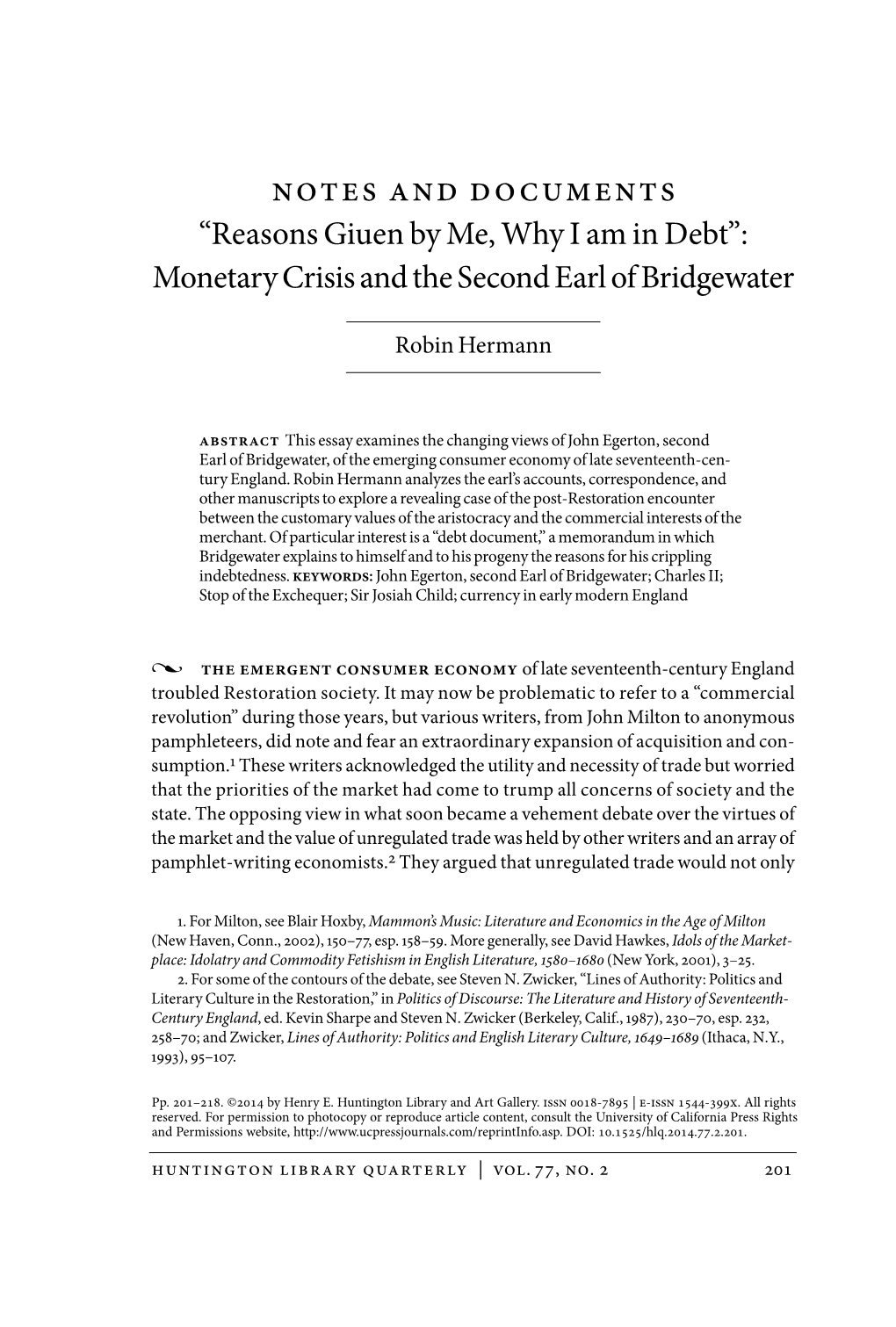 Notes and Documents “Reasons Giuen by Me, Why I Am in Debt”: Monetary Crisis and the Second Earl of Bridgewater