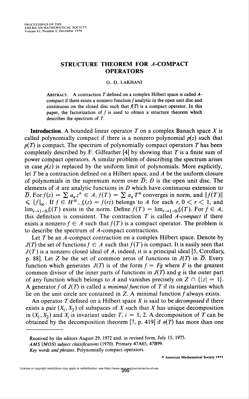 STRUCTURE THEOREM for a -COMPACT OPERATORS < H/Lb. If / G H°°,Fr(Z) = F(Rz) Belongs to a for Each R, 0 < R < 1