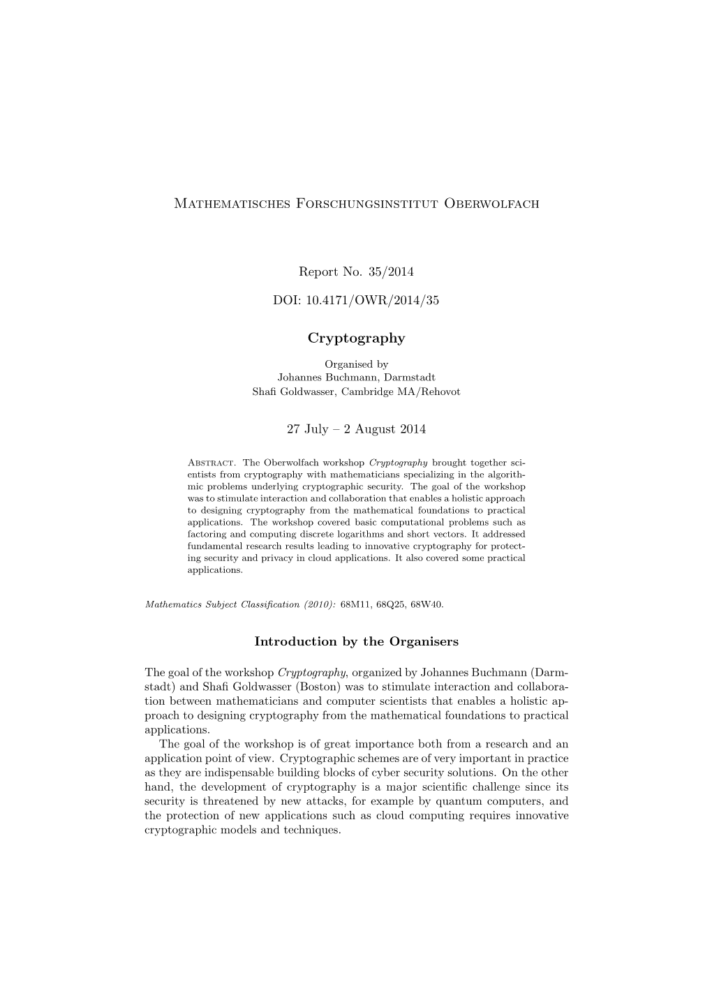 Mathematisches Forschungsinstitut Oberwolfach Cryptography