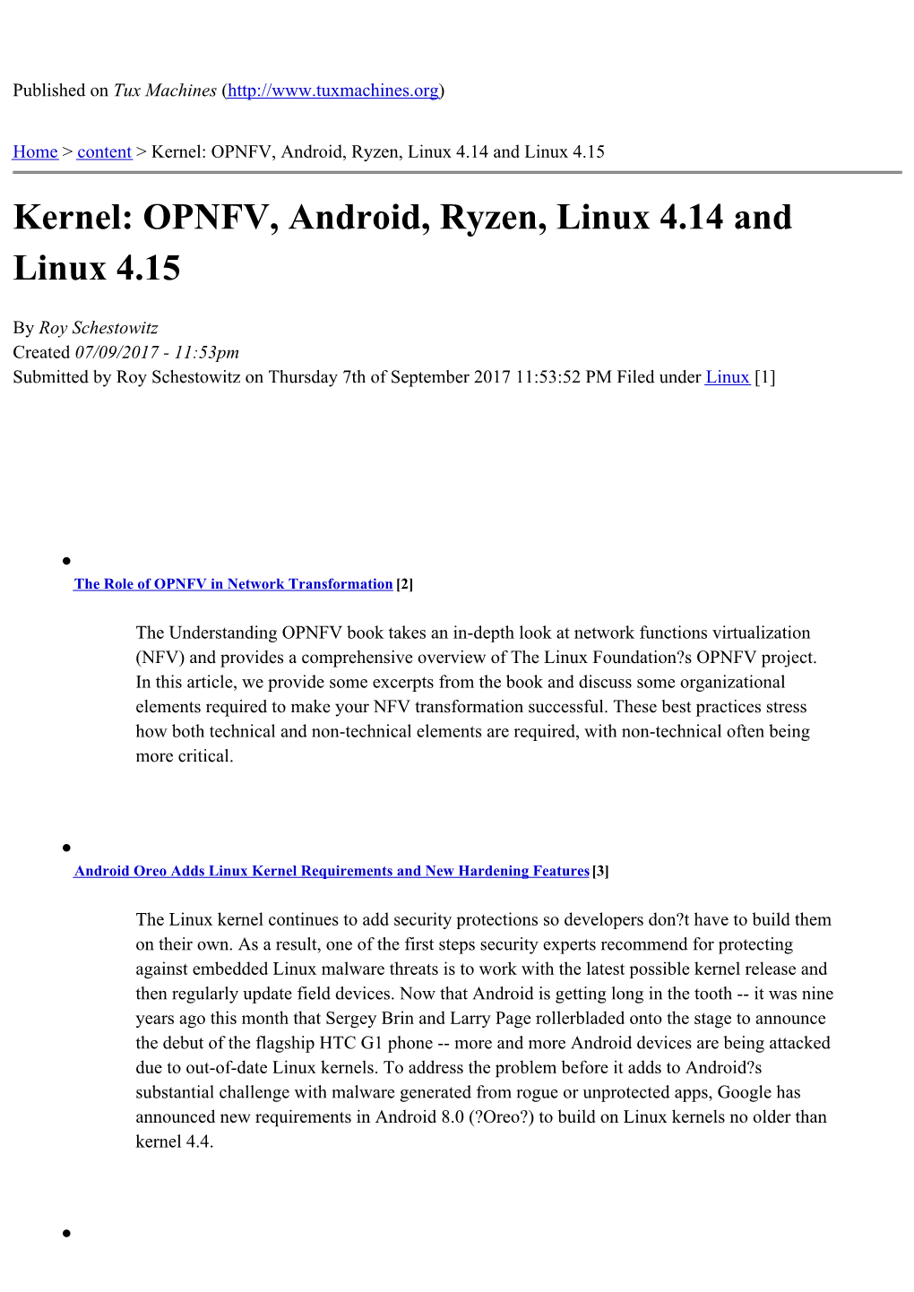 Kernel: OPNFV, Android, Ryzen, Linux 4.14 and Linux 4.15