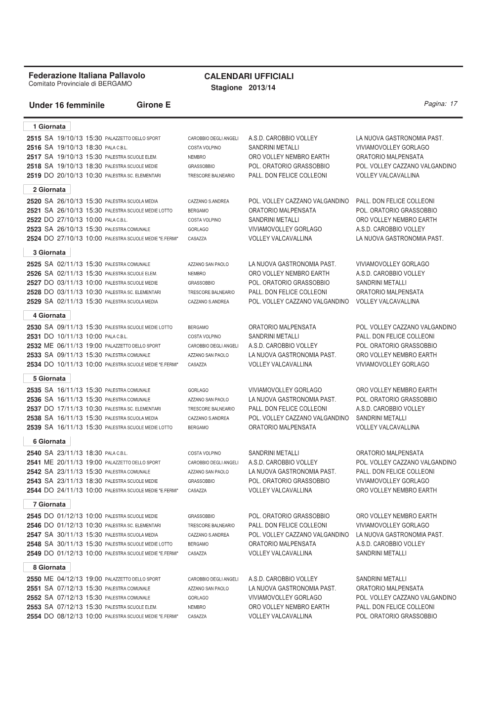 CALENDARI UFFICIALI Federazione Italiana Pallavolo Under 16