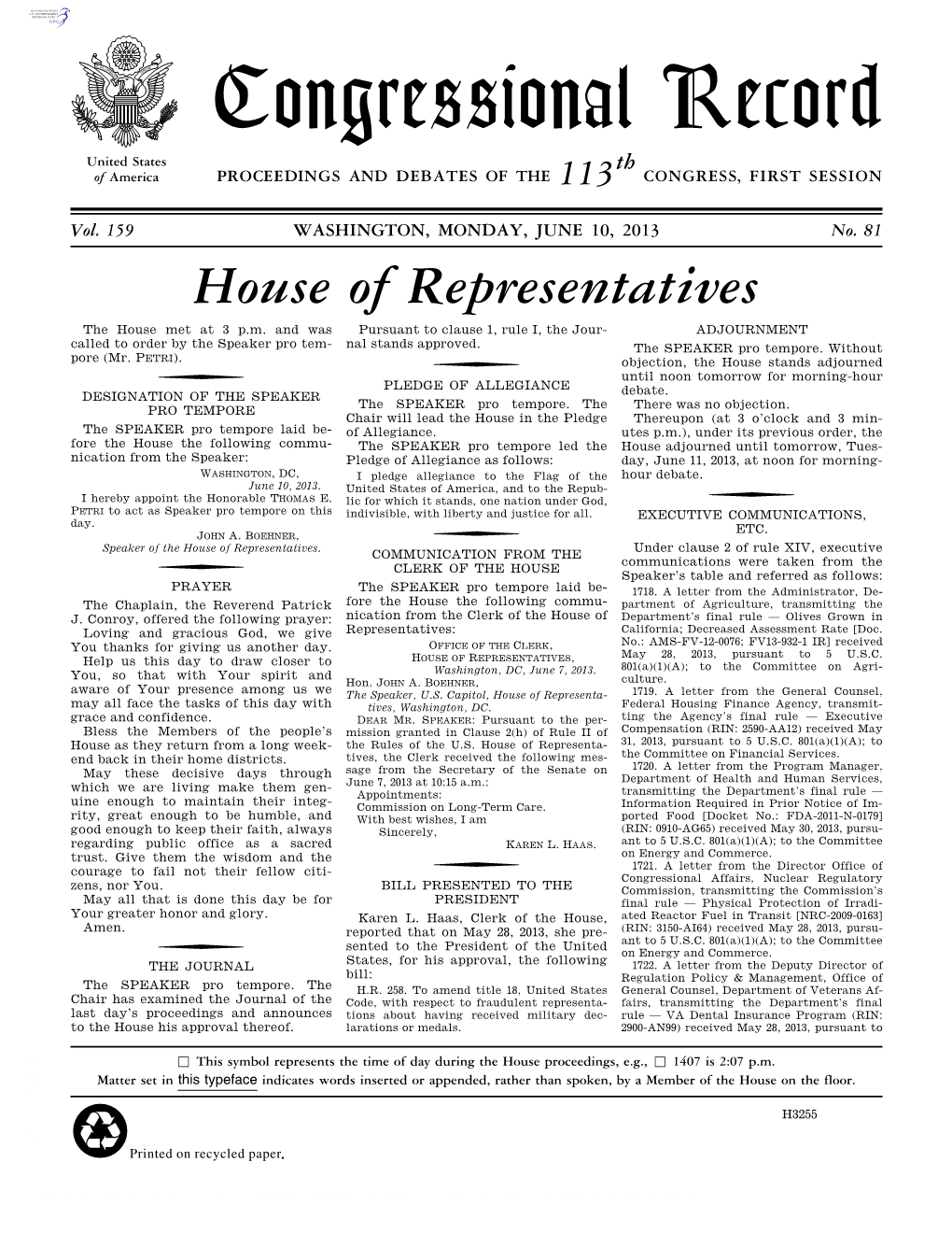 Congressional Record United States Th of America PROCEEDINGS and DEBATES of the 113 CONGRESS, FIRST SESSION