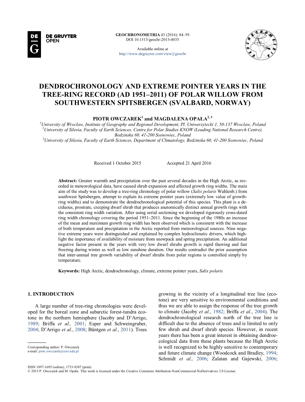 Dendrochronology and Extreme Pointer Years in the Tree-Ring Record (Ad 1951–2011) of Polar Willow from Southwestern Spitsbergen (Svalbard, Norway)