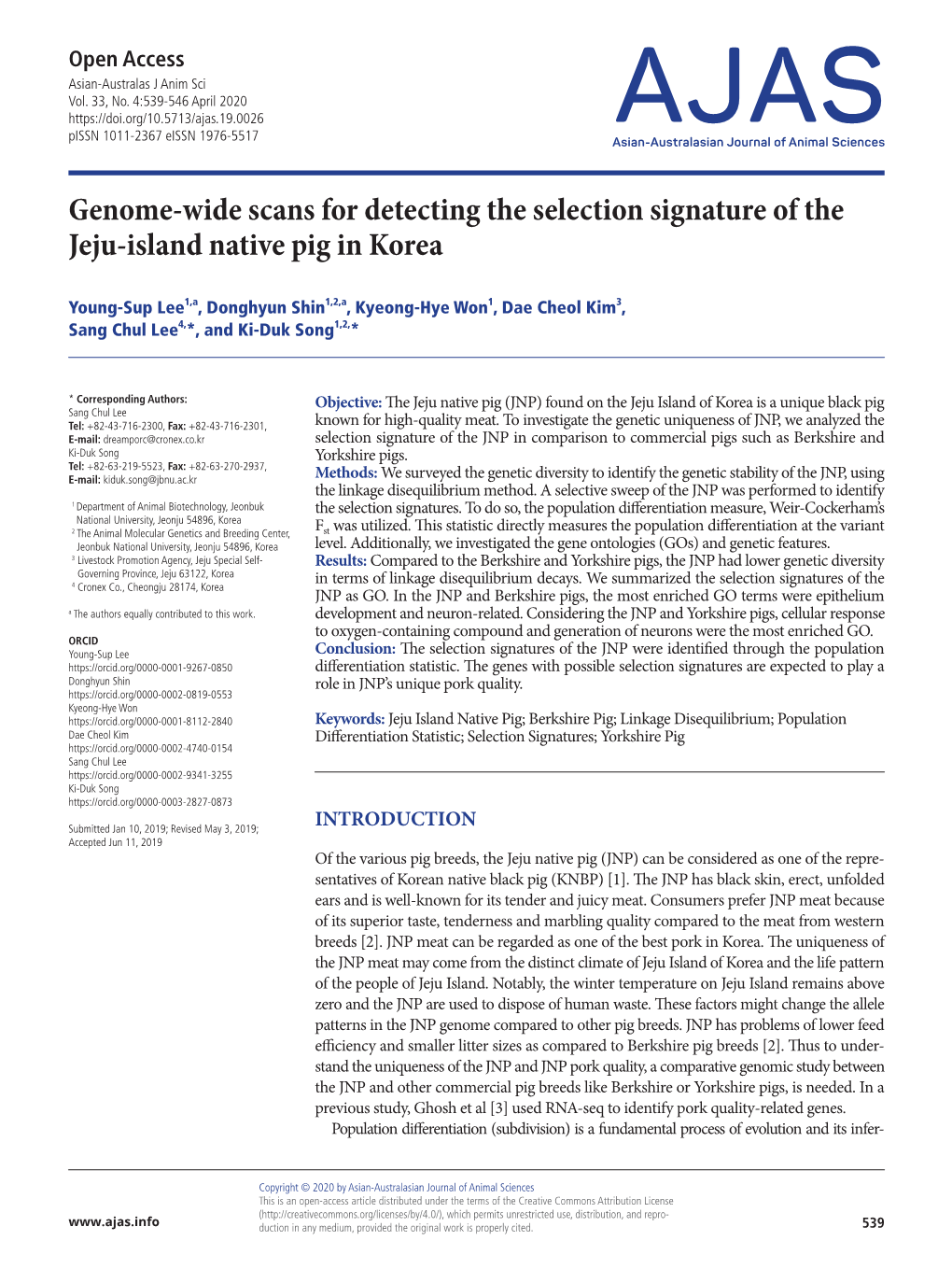Genome-Wide Scans for Detecting the Selection Signature of the Jeju-Island Native Pig in Korea